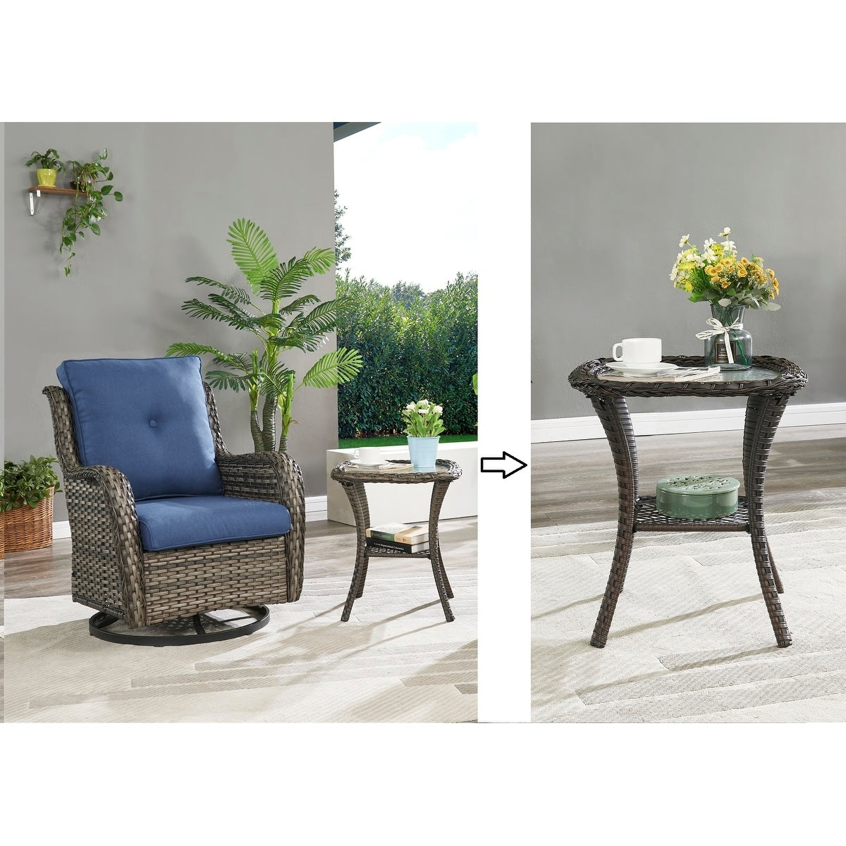 Gymojoy Ensemble de 3 pièces en rotin pour extérieur, chaise basculante pivotante avec coussin et table.