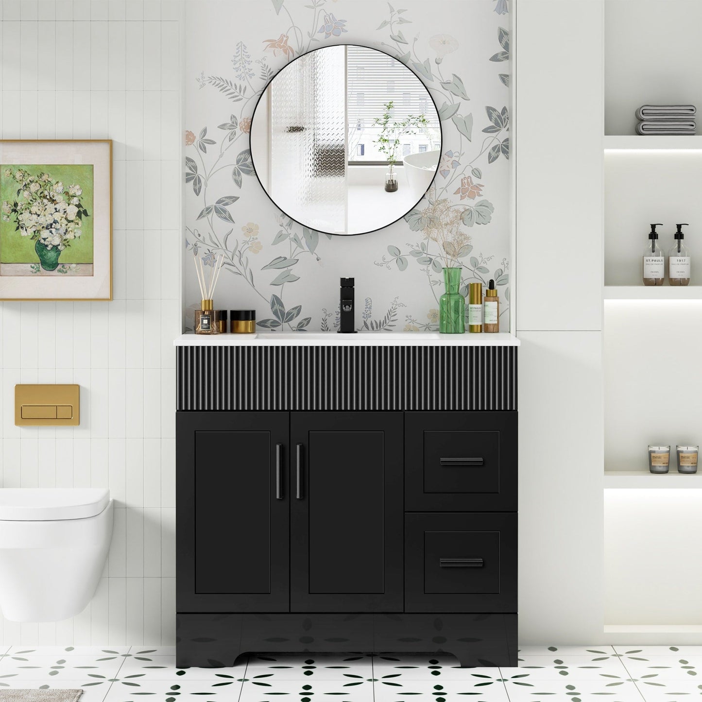 Ensemble de meuble-lavabo ondulé pour salle de bain, 30/36/48 pouces, avec lavabo et robinet.