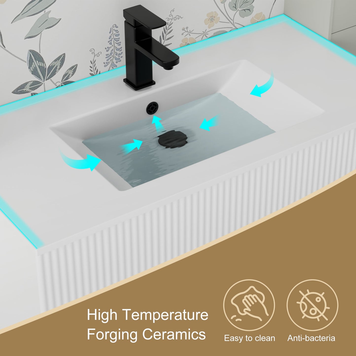 Ensemble de meuble-lavabo ondulé pour salle de bain, 30/36/48 pouces, avec lavabo et robinet.