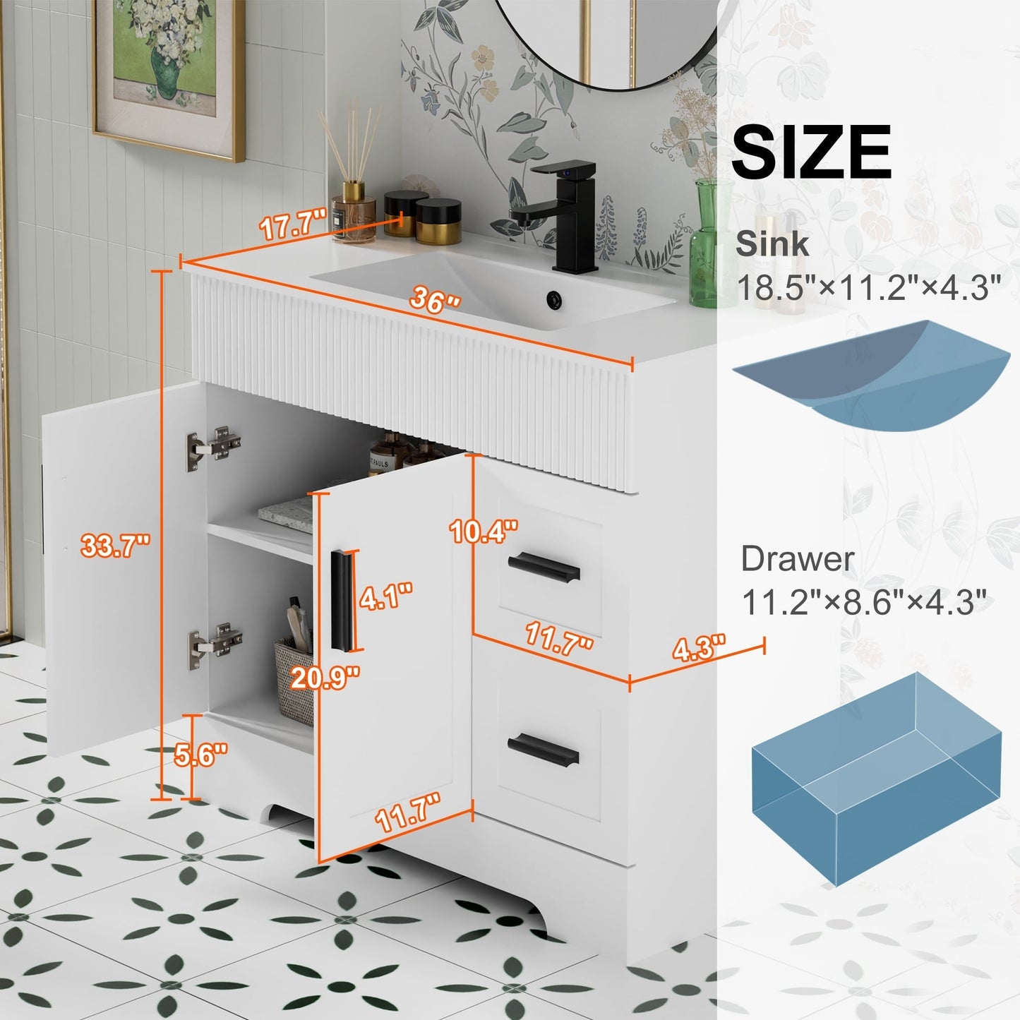 Ensemble de meuble-lavabo ondulé pour salle de bain, 30/36/48 pouces, avec lavabo et robinet.