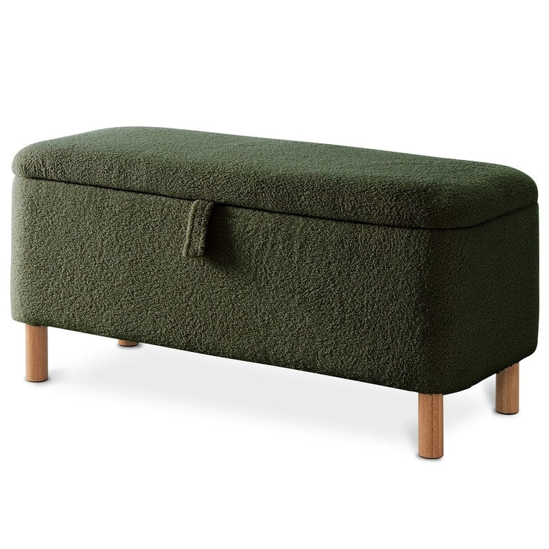 Tabouret de rangement en bouclé blanc cassé 39,5 pouces, pouf de rangement en sherpa, repose-pieds, pour salon, chambre à coucher, avec pieds en bois.