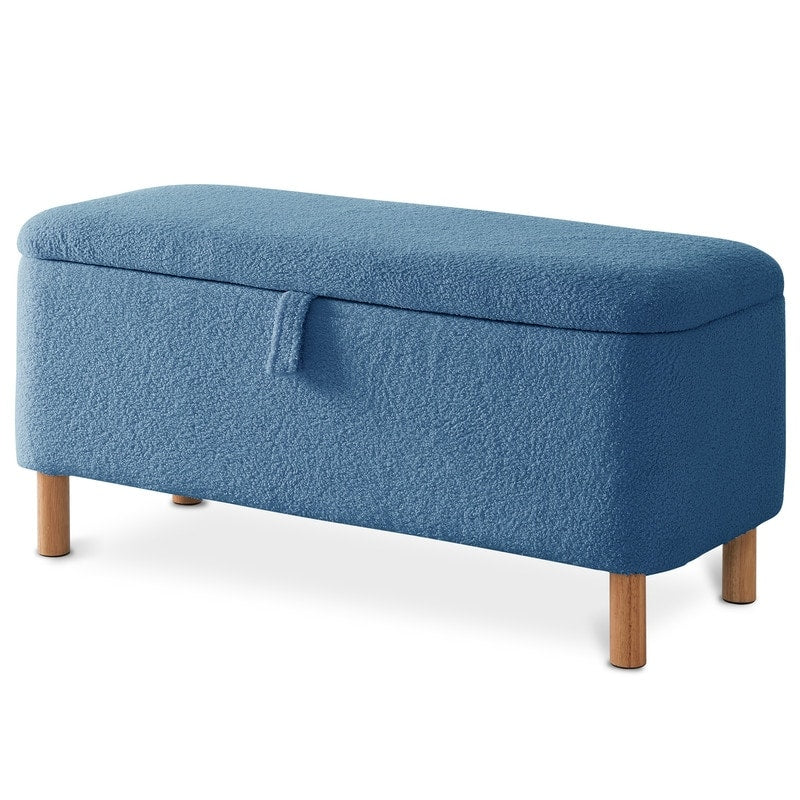 Tabouret de rangement en bouclé blanc cassé 39,5 pouces, pouf de rangement en sherpa, repose-pieds, pour salon, chambre à coucher, avec pieds en bois.