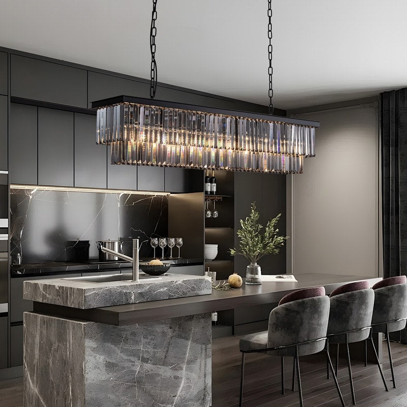 Luminaire suspendu à 2 niveaux pour îlot de cuisine, style moderne et contemporain, avec cristaux, gris fumé et noir, 47 po. Idéal pour salle à manger.