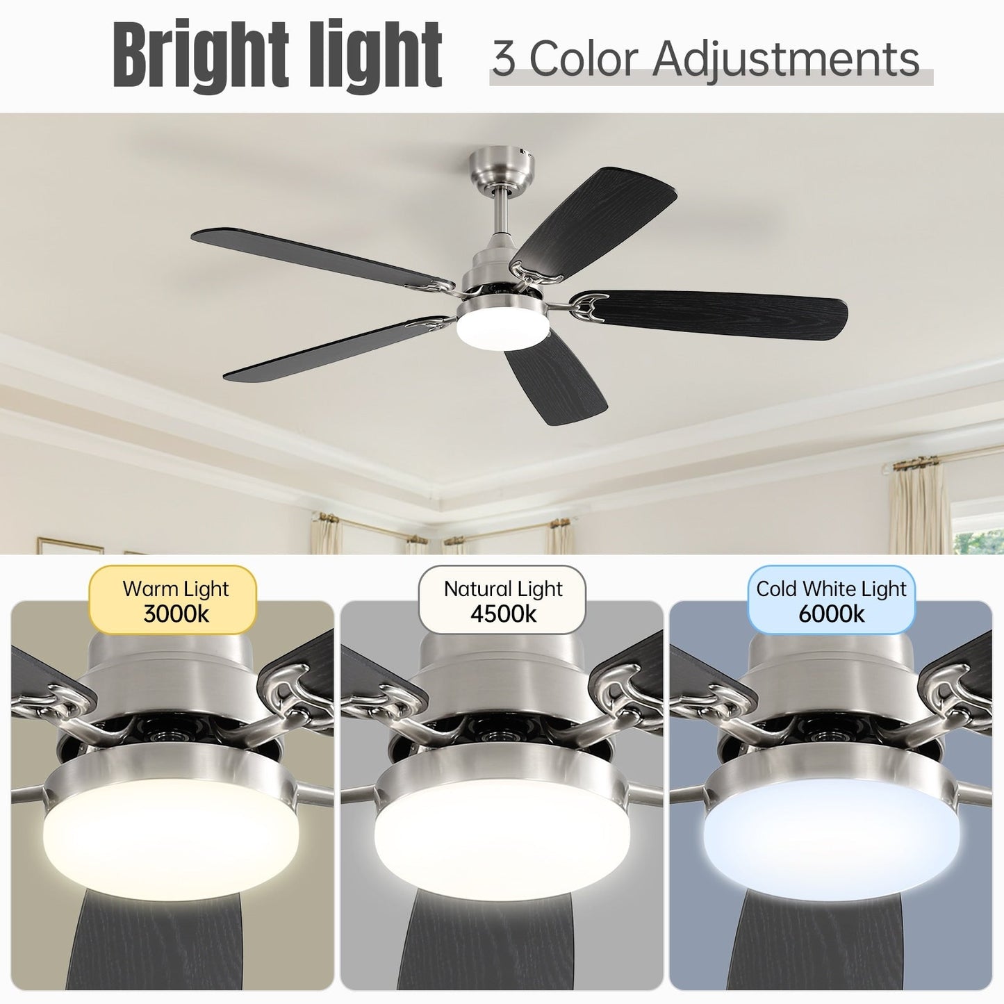 Ventilateur de plafond à LED intégré de 48 et 52 pouces avec éclairage et télécommande, moteur à courant continu réversible.