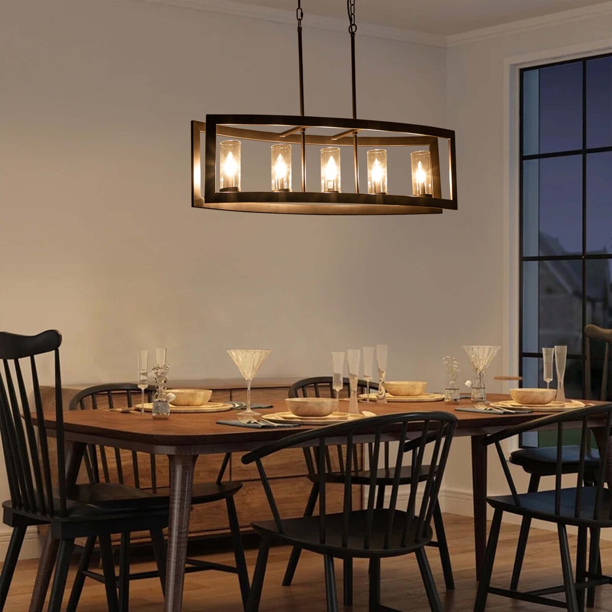 Suspension rectangulaire en verre vintage à 5 lumières, style industriel moderne du milieu du siècle, pour îlot de cuisine.