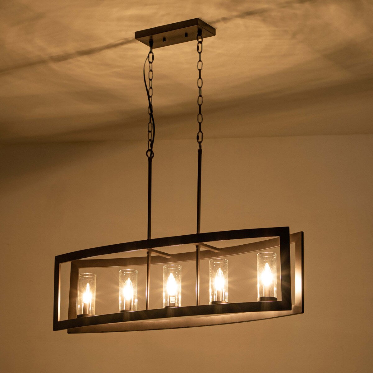 Suspension rectangulaire en verre vintage à 5 lumières, style industriel moderne du milieu du siècle, pour îlot de cuisine.