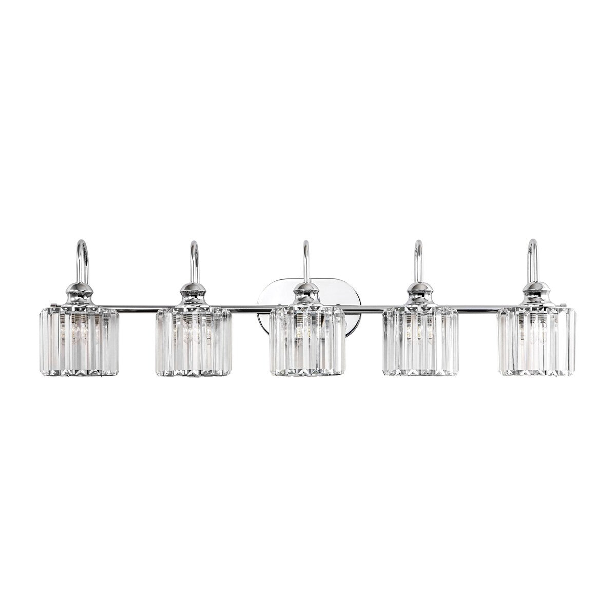 Éclairage de salle de bain linéaire à 5 lumières, à intensité variable, avec abat-jour en cristal cylindrique, style glamour.