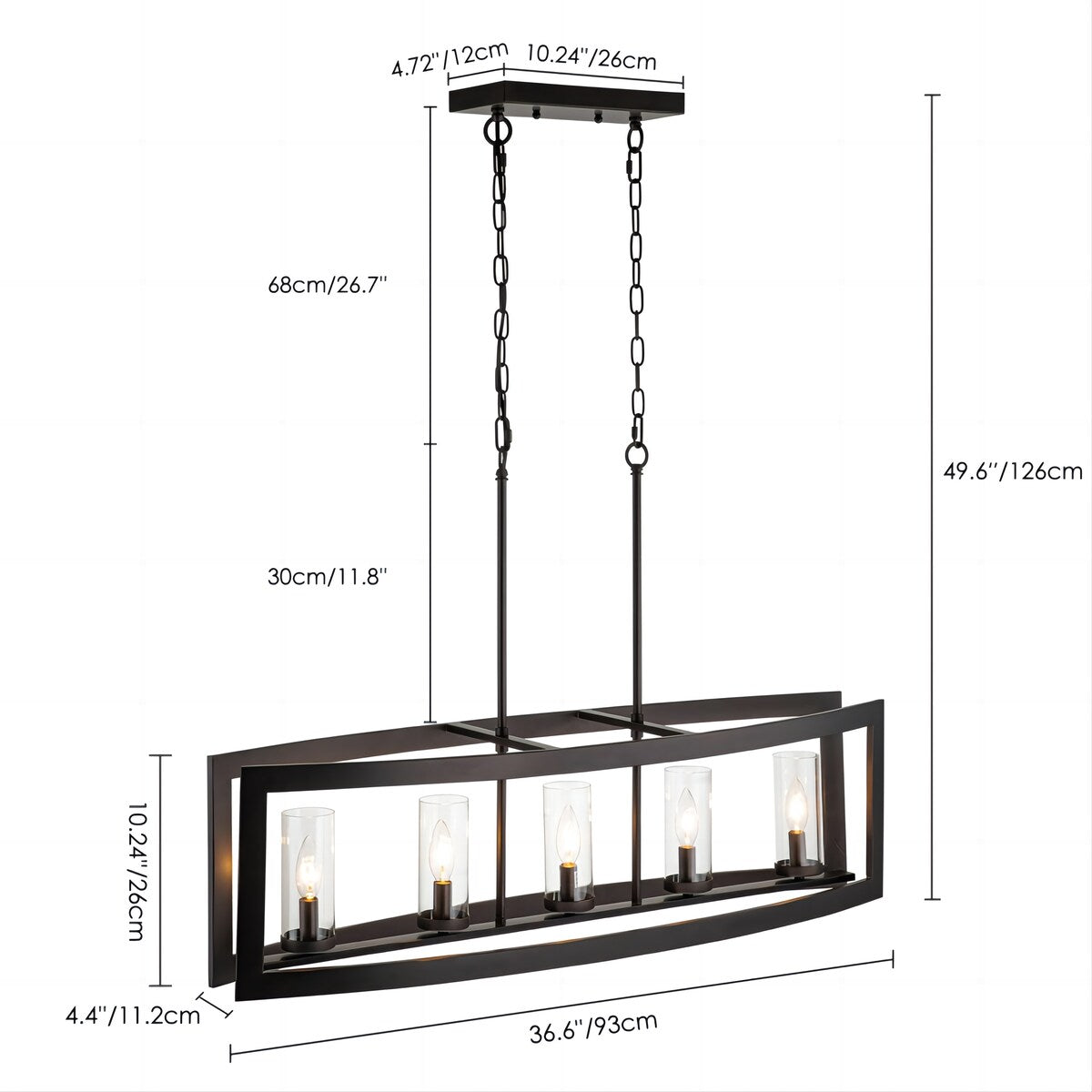Suspension rectangulaire en verre vintage à 5 lumières, style industriel moderne du milieu du siècle, pour îlot de cuisine.