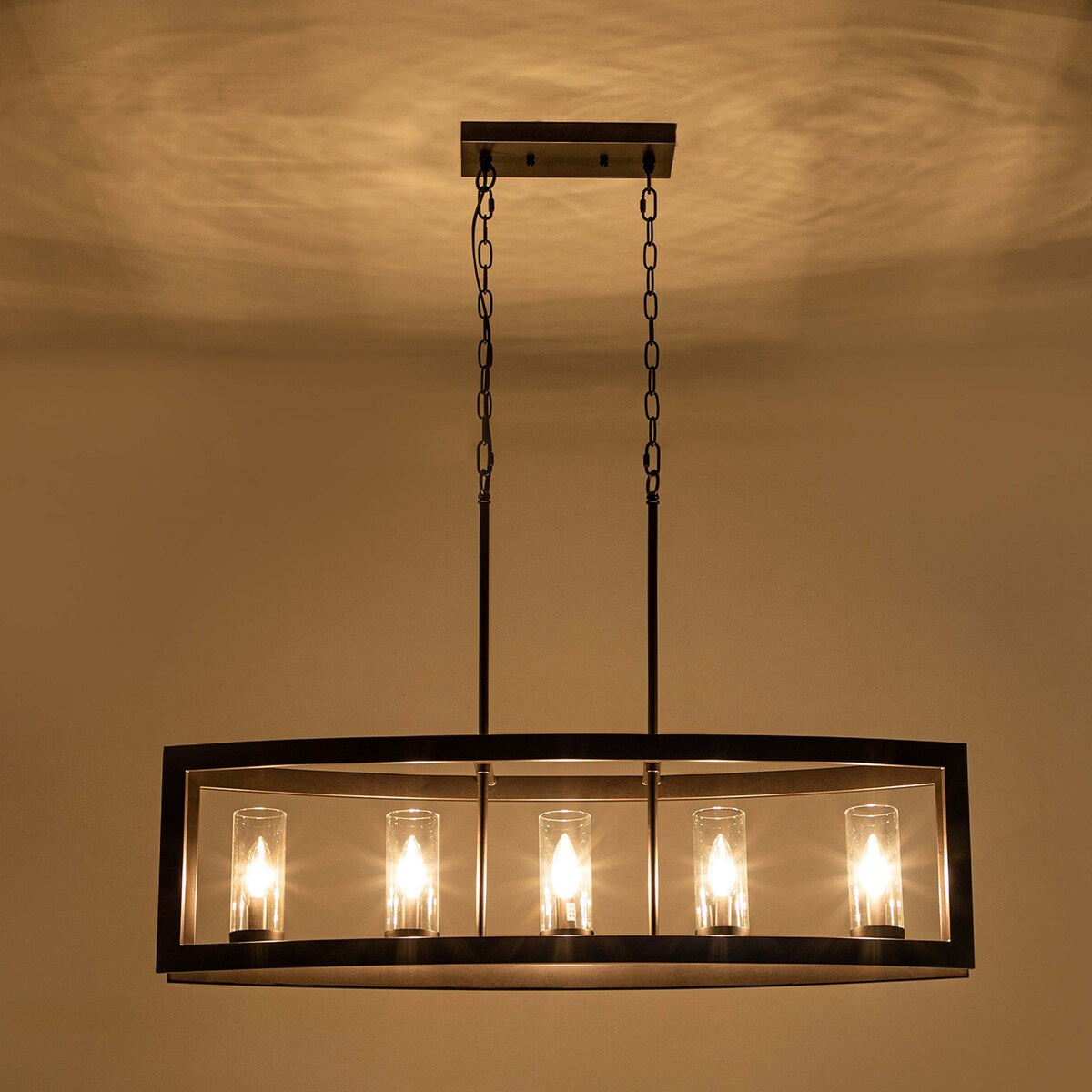 Suspension rectangulaire en verre vintage à 5 lumières, style industriel moderne du milieu du siècle, pour îlot de cuisine.