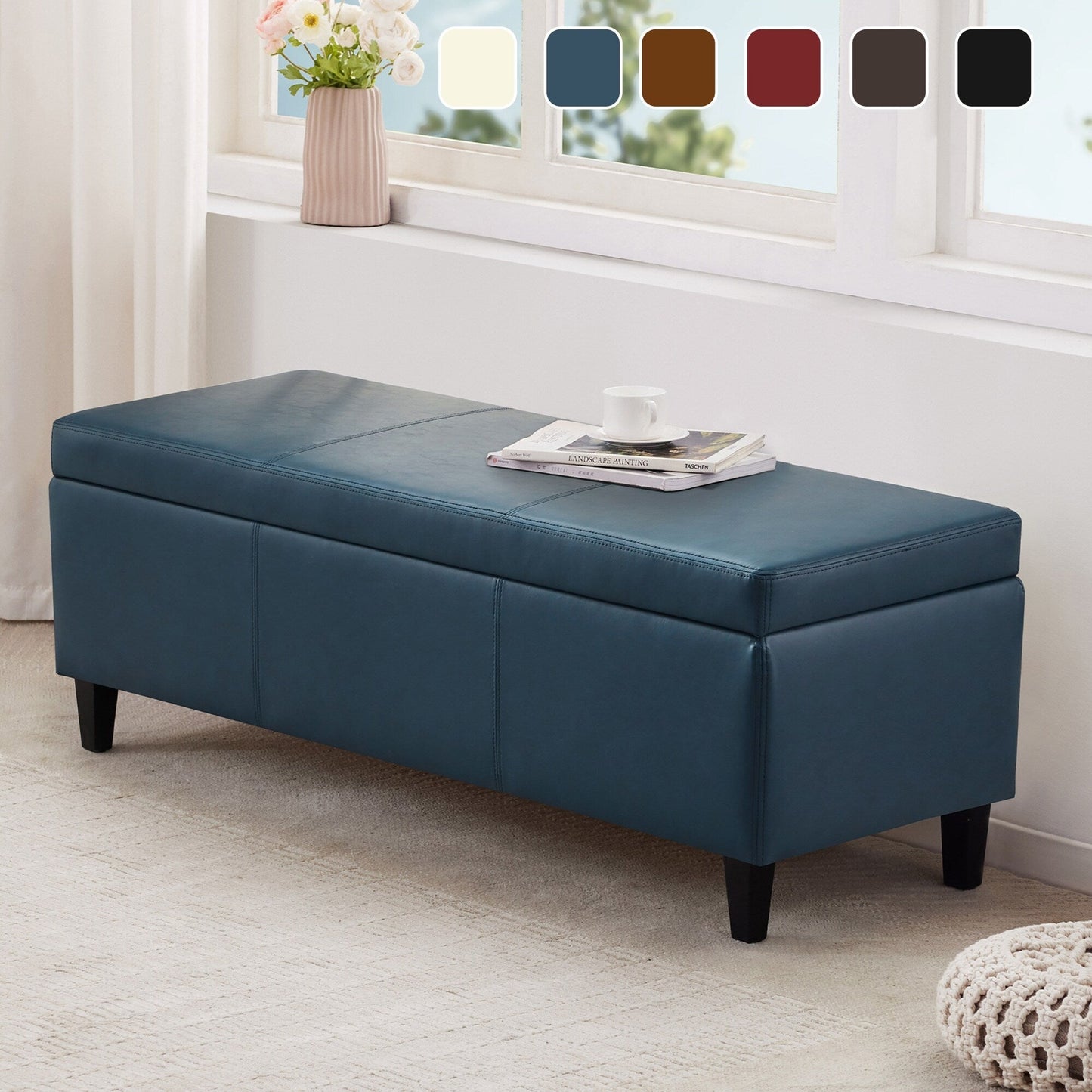 Ottoman rectangulaire de rangement recouvert de simili cuir - 50,3 x 17,50 x 18 pouces