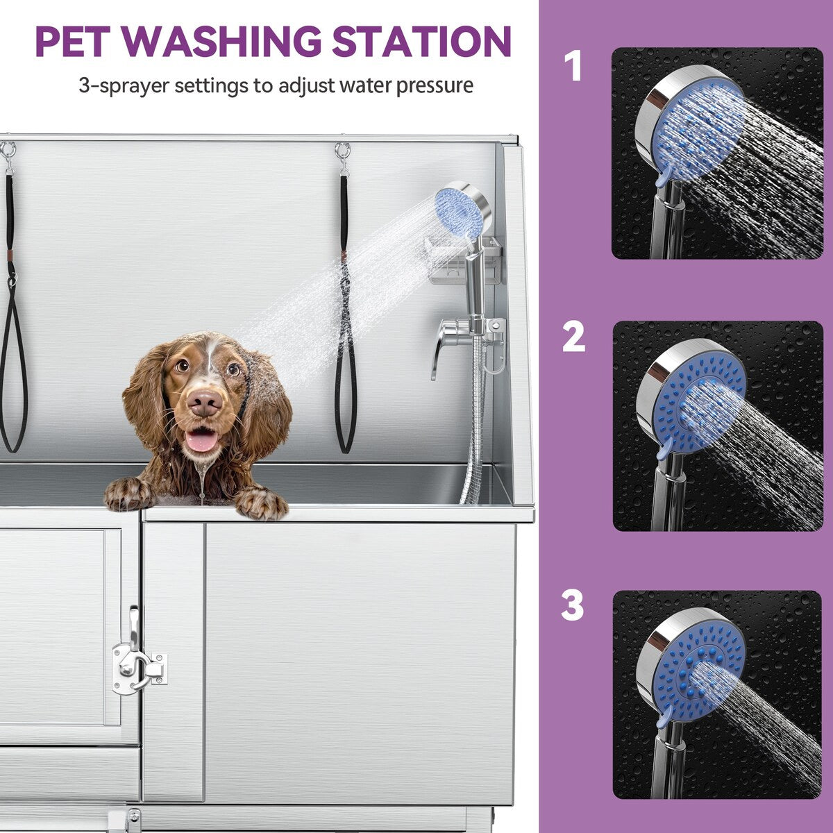 Baignoire de toilettage pour animaux de compagnie en acier inoxydable de 127 cm de large, réglable, avec rampe d'accès.