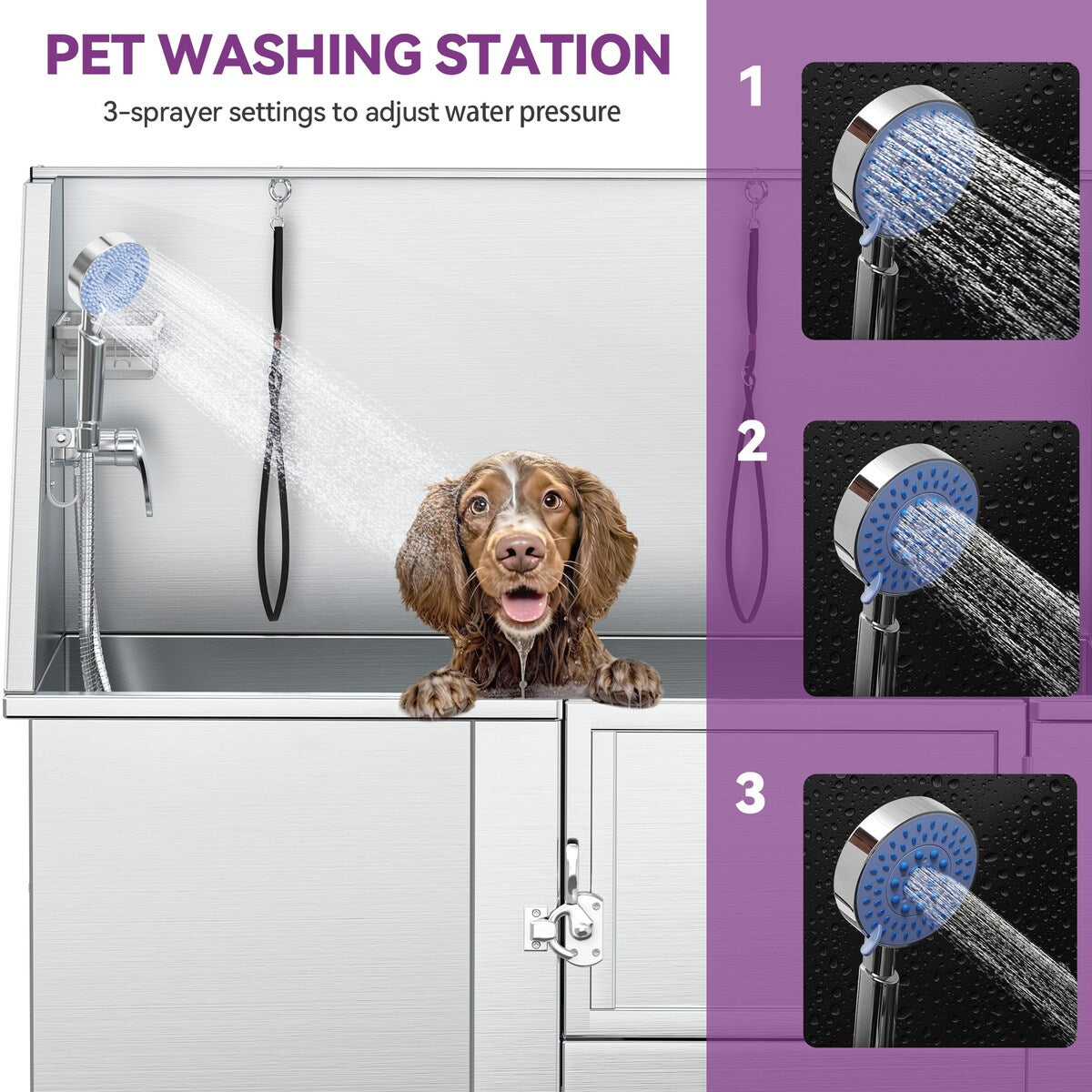 Baignoire de toilettage pour animaux de compagnie en acier inoxydable de 127 cm de large, réglable, avec rampe d'accès.