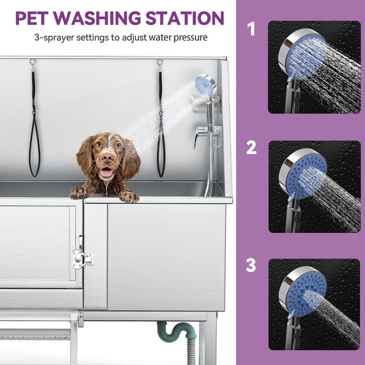 Baignoire de toilettage pour animaux de compagnie en acier inoxydable de 127 cm de large, réglable, avec rampe d'accès.