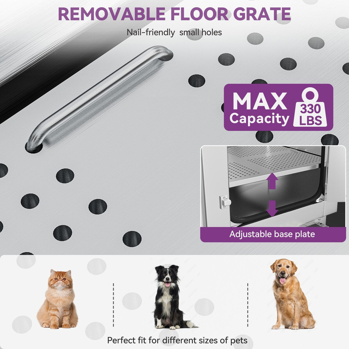 Baignoire de toilettage pour animaux de compagnie en acier inoxydable de 127 cm de large, réglable, avec rampe d'accès.