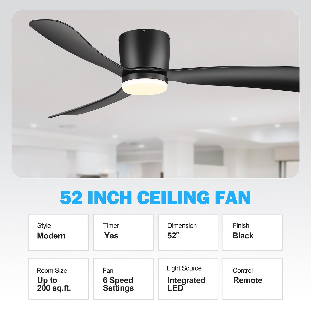Ventilateur de plafond LED à encastrer de 52 pouces noir/blanc avec éclairage et télécommande (3 pales)