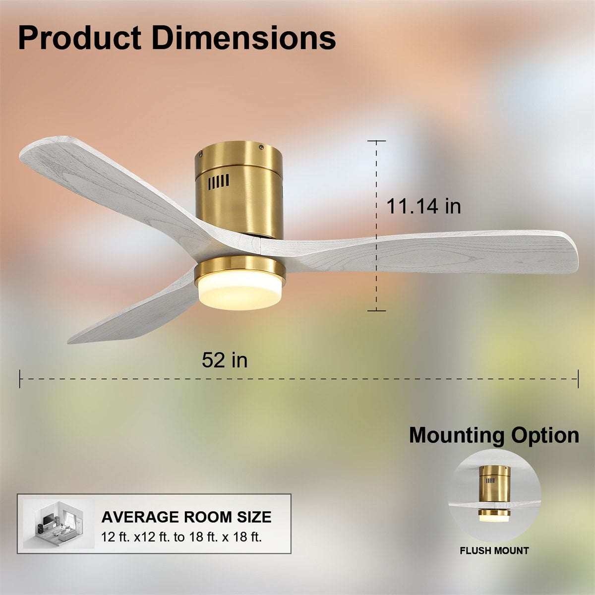 Ventilateur de plafond Sofucor à montage encastré de 52 pouces avec télécommande, moteur réversible, éclairage intégré en option.