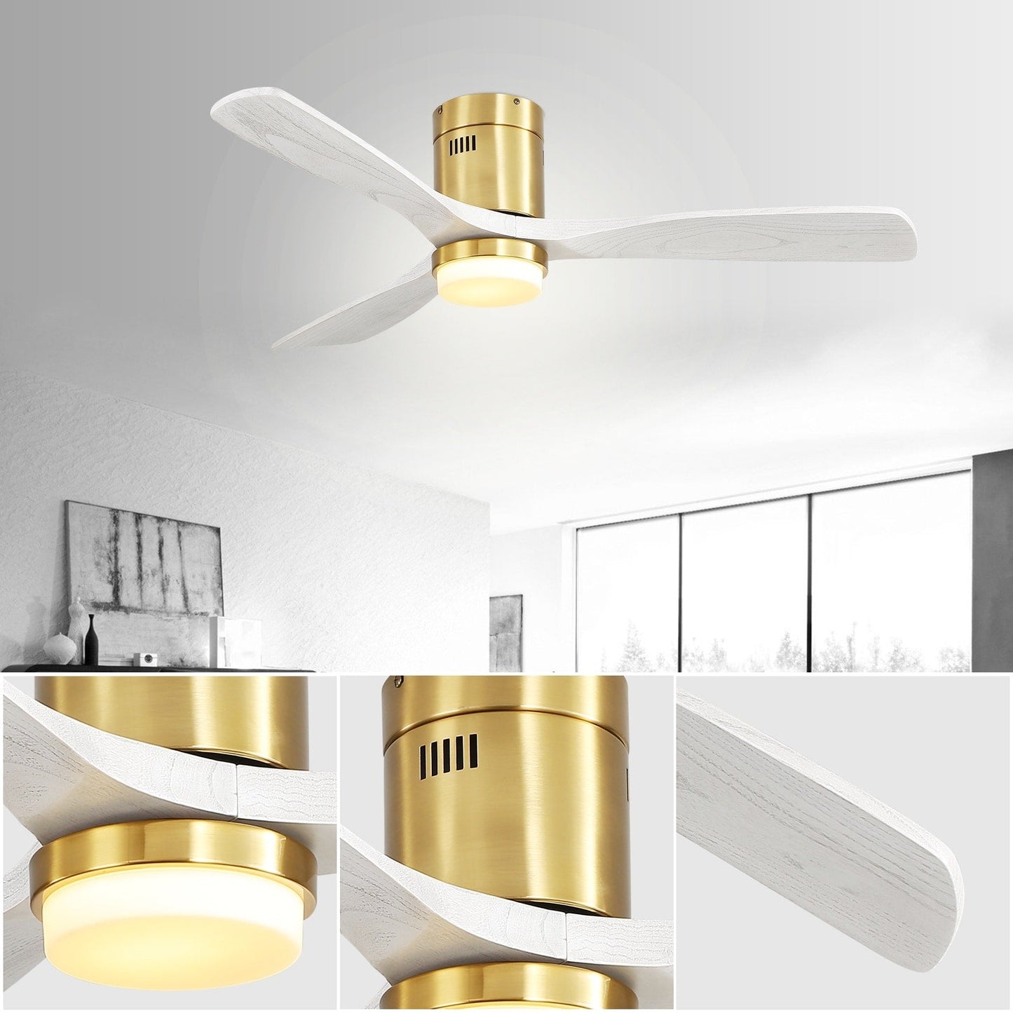 Ventilateur de plafond Sofucor à montage encastré de 52 pouces avec télécommande, moteur réversible, éclairage intégré en option.