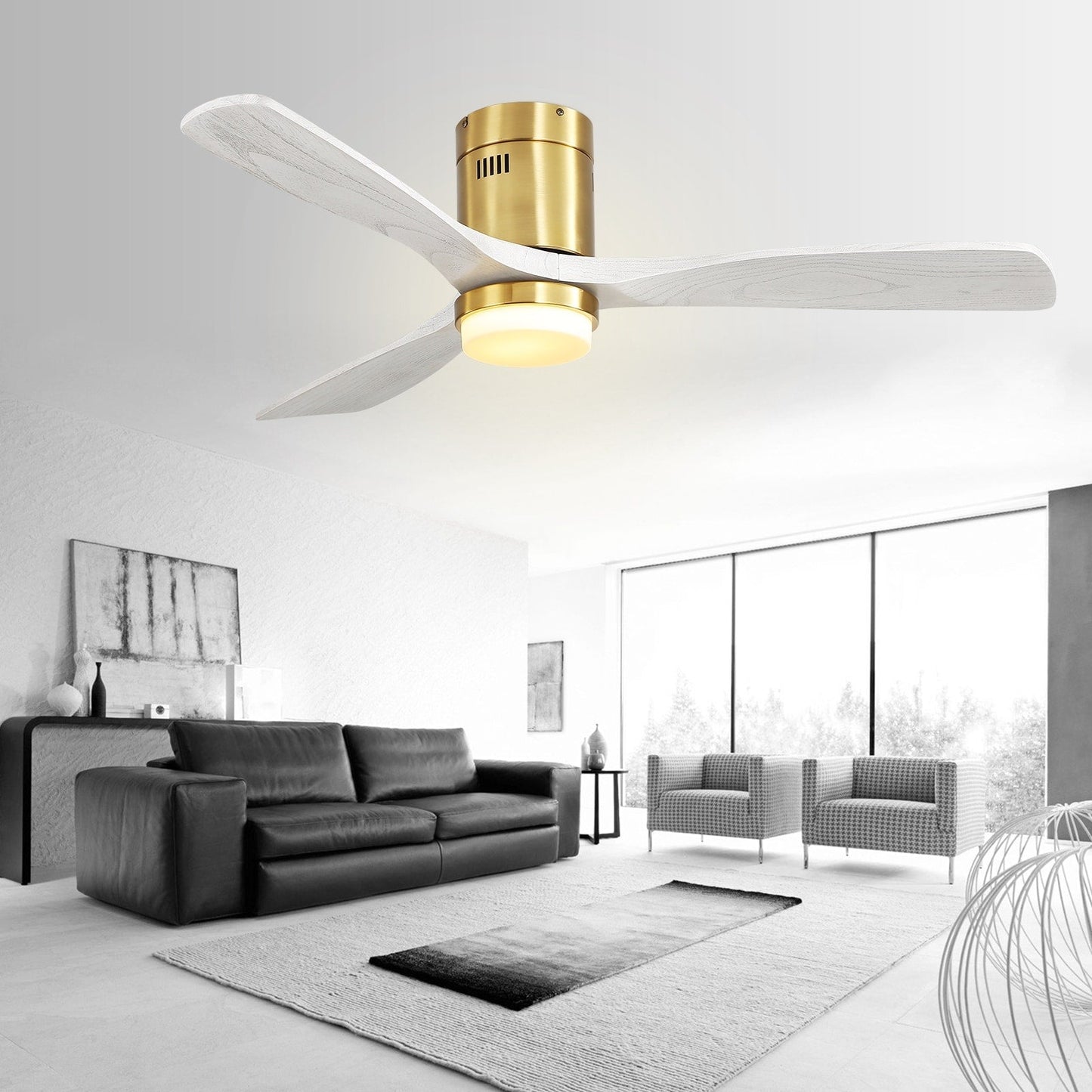 Ventilateur de plafond Sofucor à montage encastré de 52 pouces avec télécommande, moteur réversible, éclairage intégré en option.