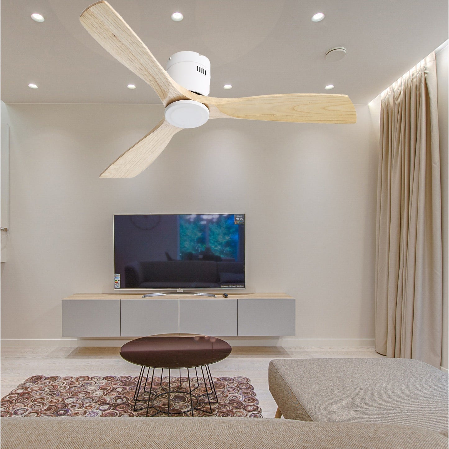 Ventilateur de plafond Sofucor à montage encastré de 52 pouces avec télécommande, moteur réversible, éclairage intégré en option.