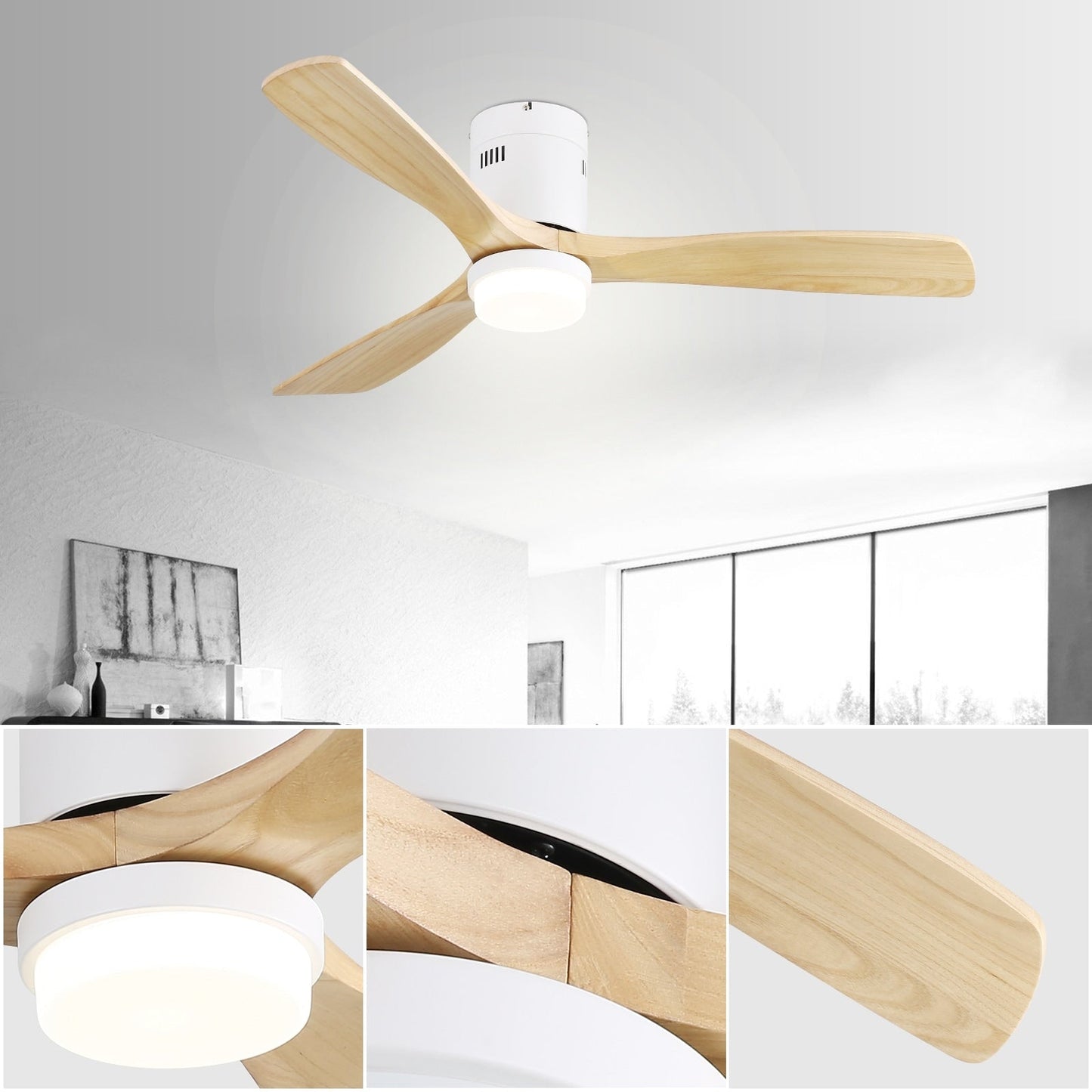 Ventilateur de plafond Sofucor à montage encastré de 52 pouces avec télécommande, moteur réversible, éclairage intégré en option.