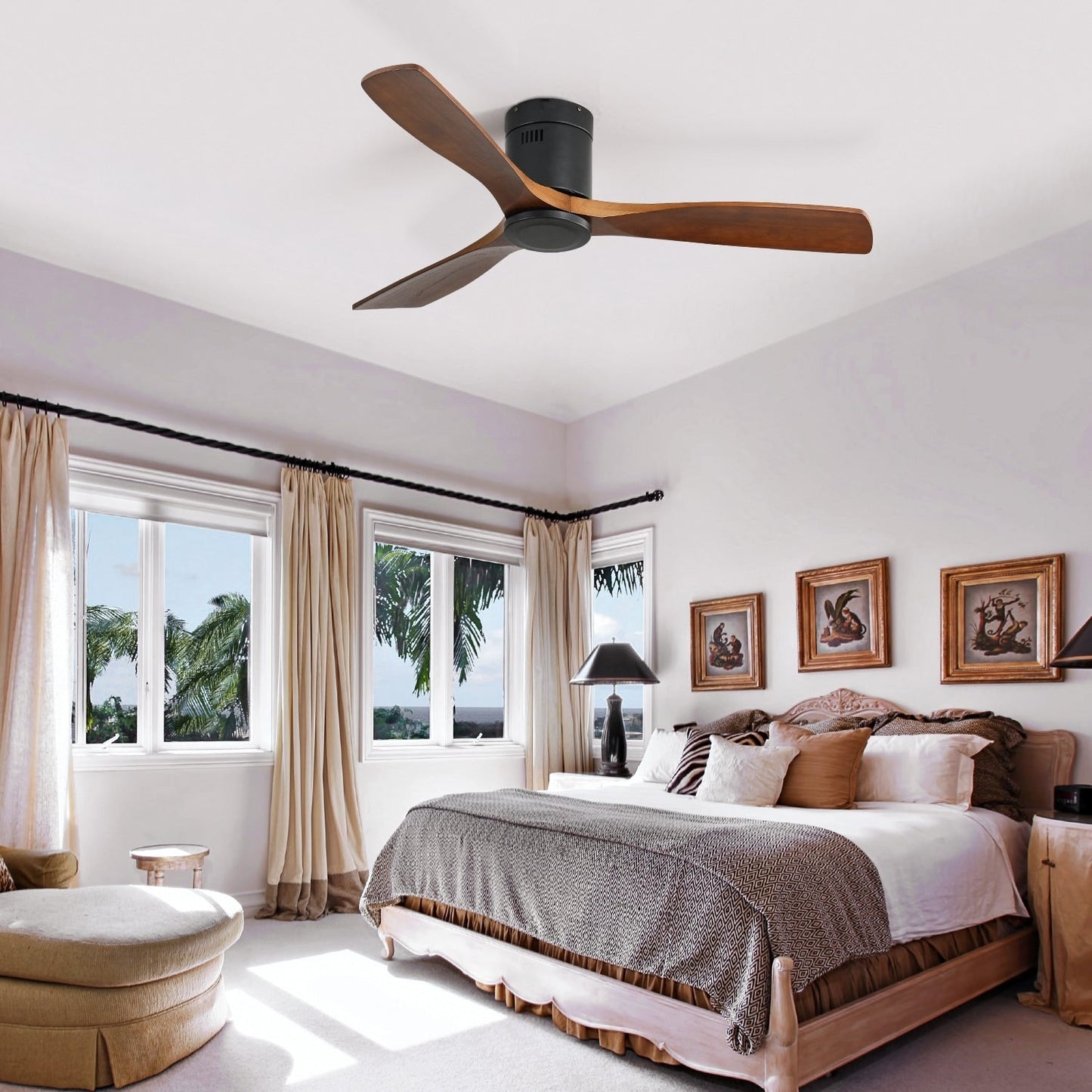 Ventilateur de plafond Sofucor à montage encastré de 52 pouces avec télécommande, moteur réversible, éclairage intégré en option.
