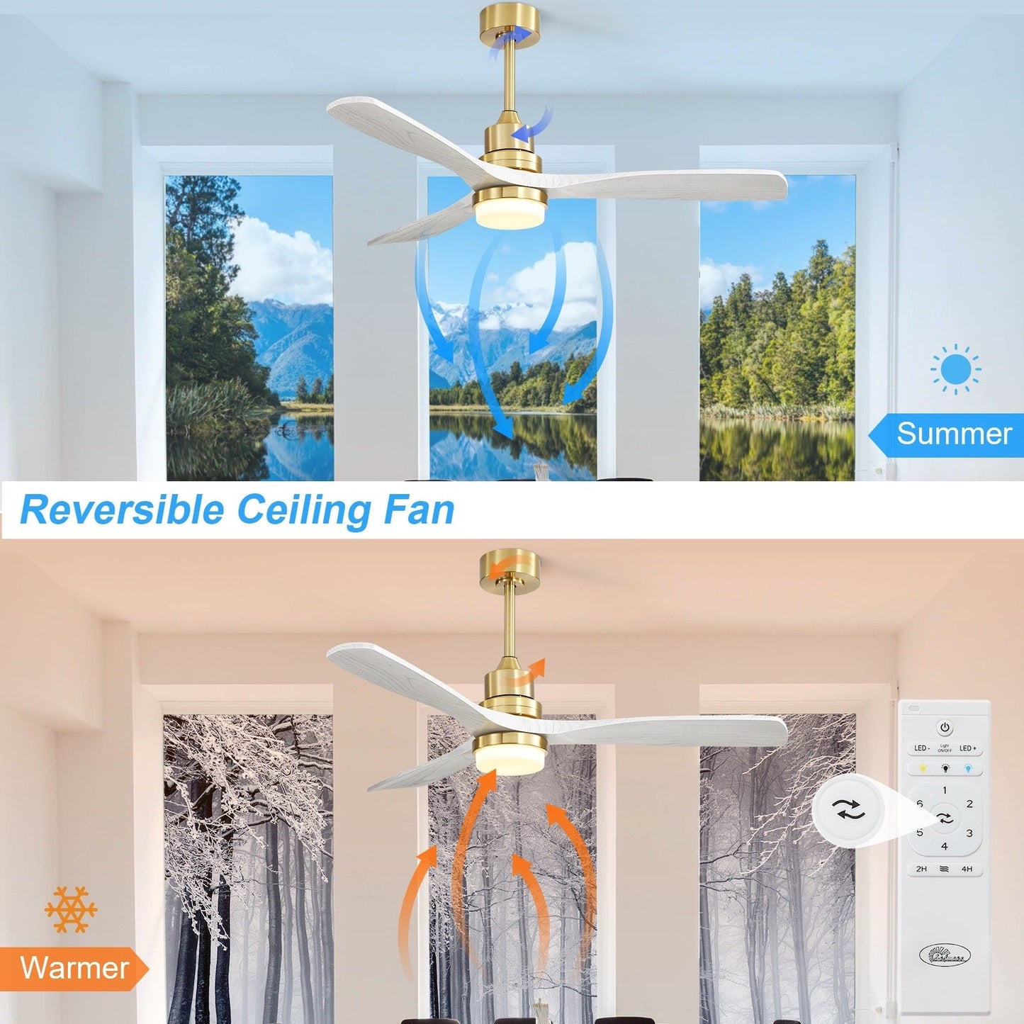 Ventilateur de plafond intérieur en bois Sofucor 52 avec télécommande, éclairage intégré en option.
