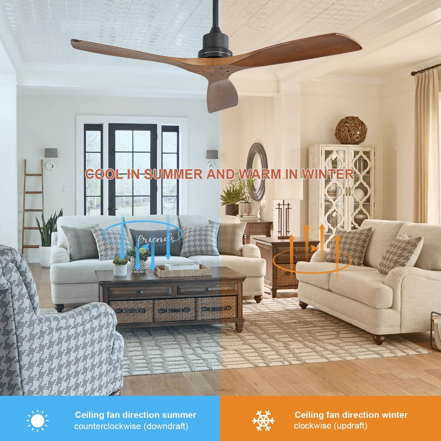 Ventilateur de plafond intérieur en bois Sofucor 52 avec télécommande, éclairage intégré en option.