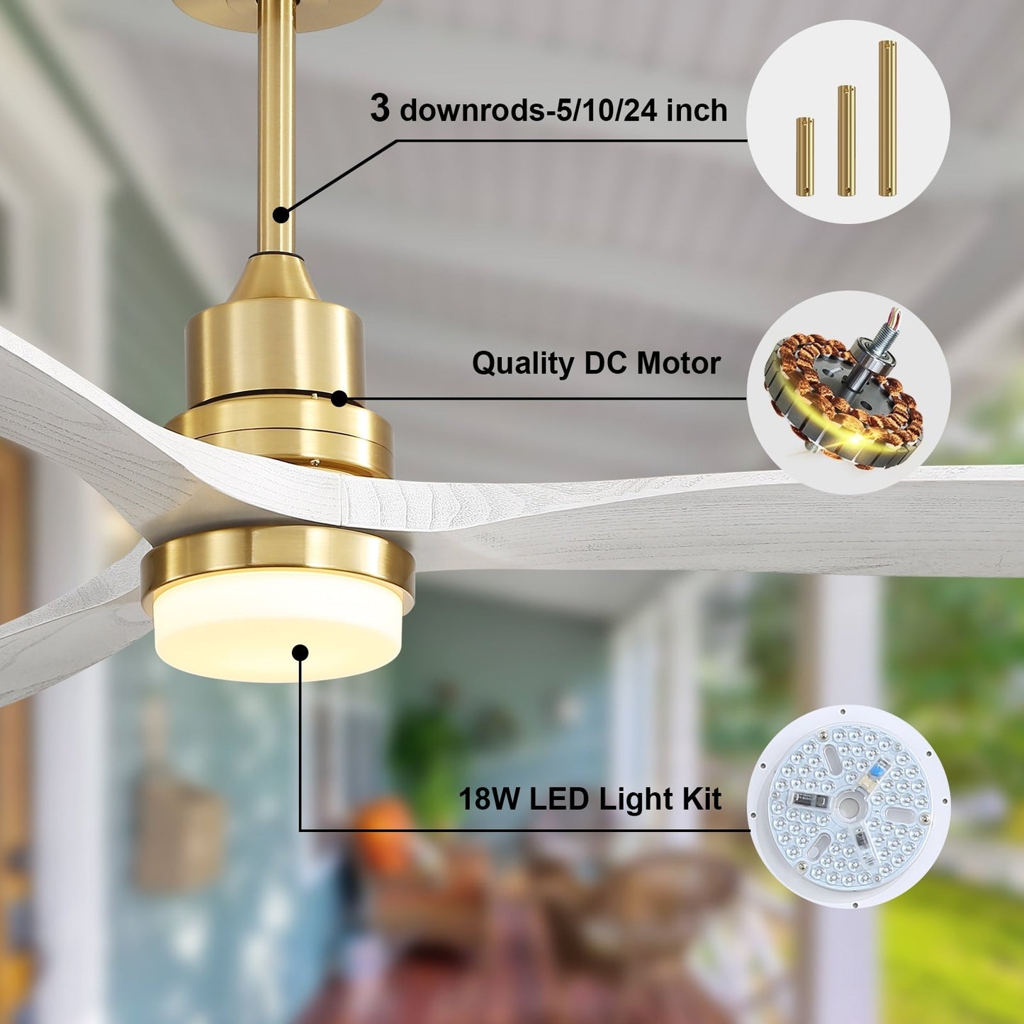 Ventilateur de plafond intérieur en bois Sofucor 52 avec télécommande, éclairage intégré en option.
