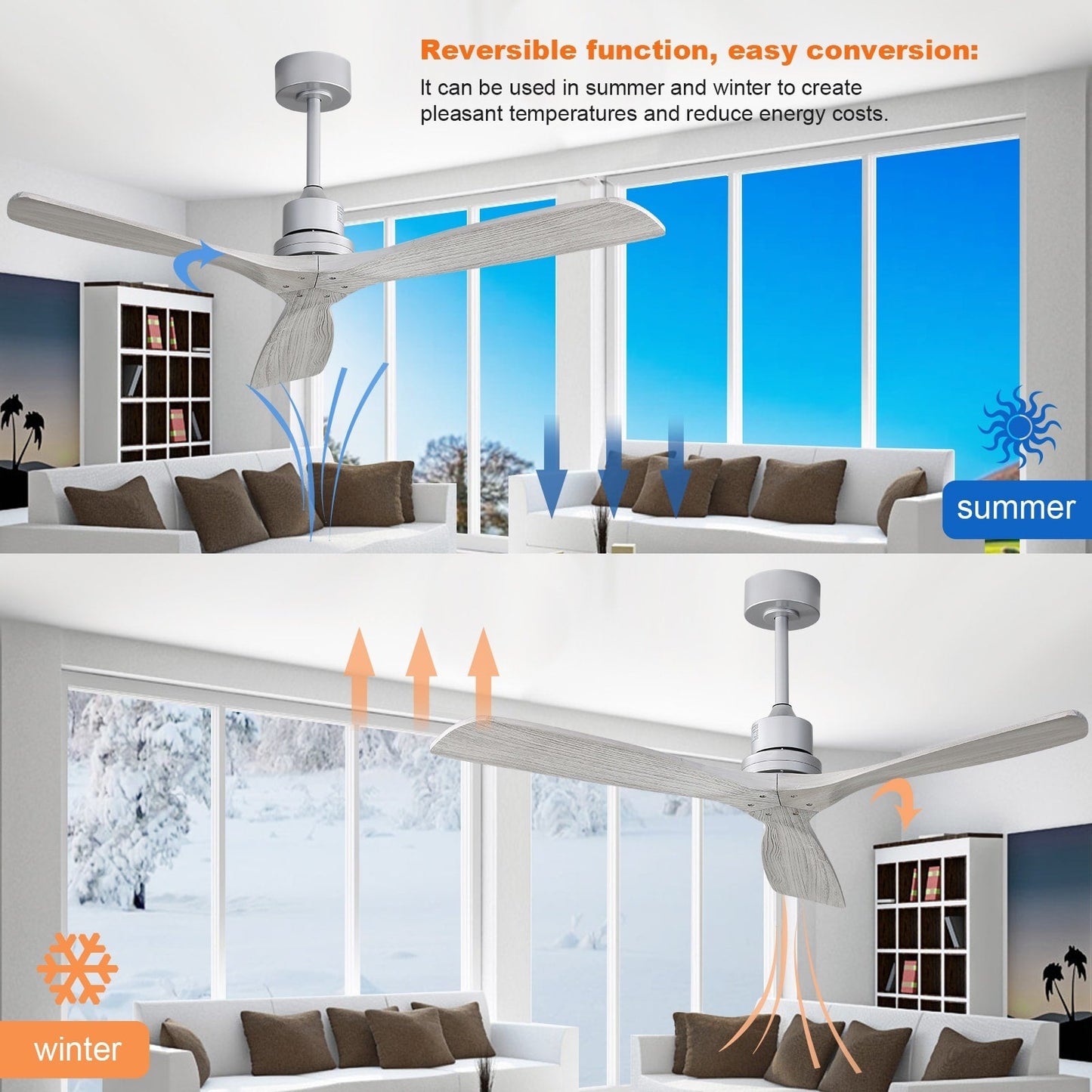 Ventilateur de plafond moderne de 52 pouces en bois massif/ABS avec télécommande (sans éclairage), 6 vitesses de ventilation, flux d'air réversible.