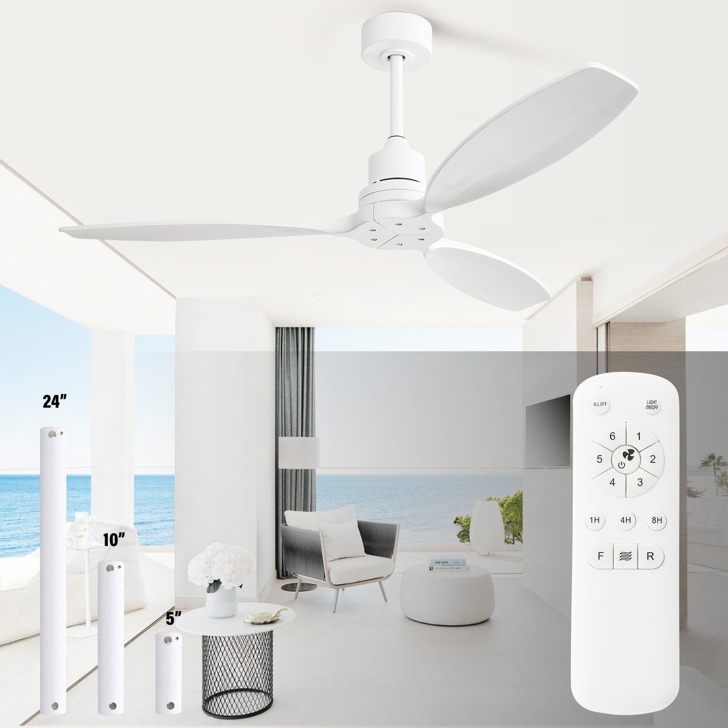 Ventilateur de plafond moderne de 52 pouces en bois massif/ABS avec télécommande (sans éclairage), 6 vitesses de ventilation, flux d'air réversible.