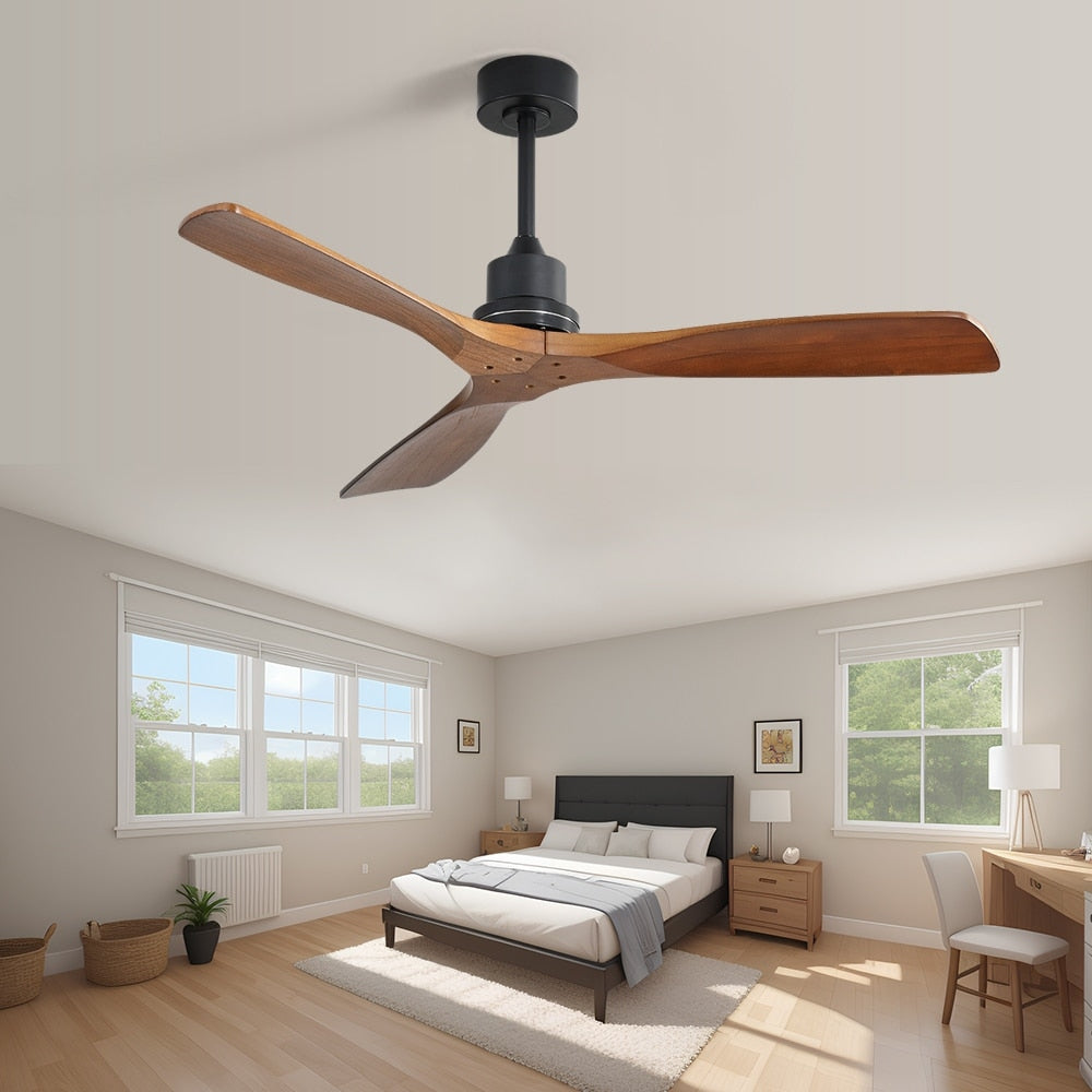 Ventilateur de plafond moderne de 52 pouces en bois massif/ABS avec télécommande (sans éclairage), 6 vitesses de ventilation, flux d'air réversible.