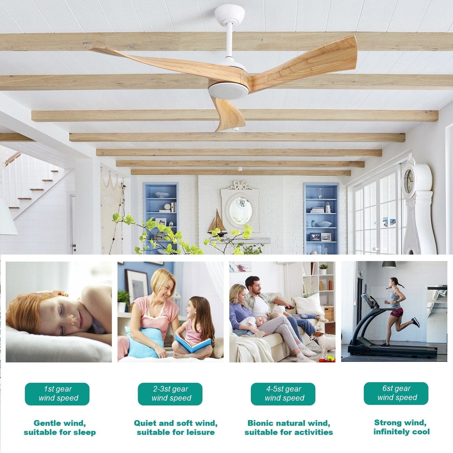 Ventilateur de plafond moderne de 52 pouces en bois massif/ABS avec télécommande (sans éclairage), 6 vitesses de ventilation, flux d'air réversible.