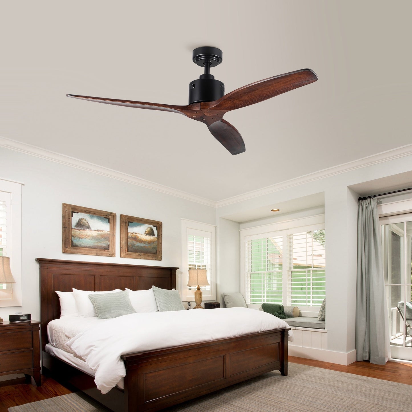 Ventilateur de plafond moderne de 52 pouces en bois massif/ABS avec télécommande (sans éclairage), 6 vitesses de ventilation, flux d'air réversible.