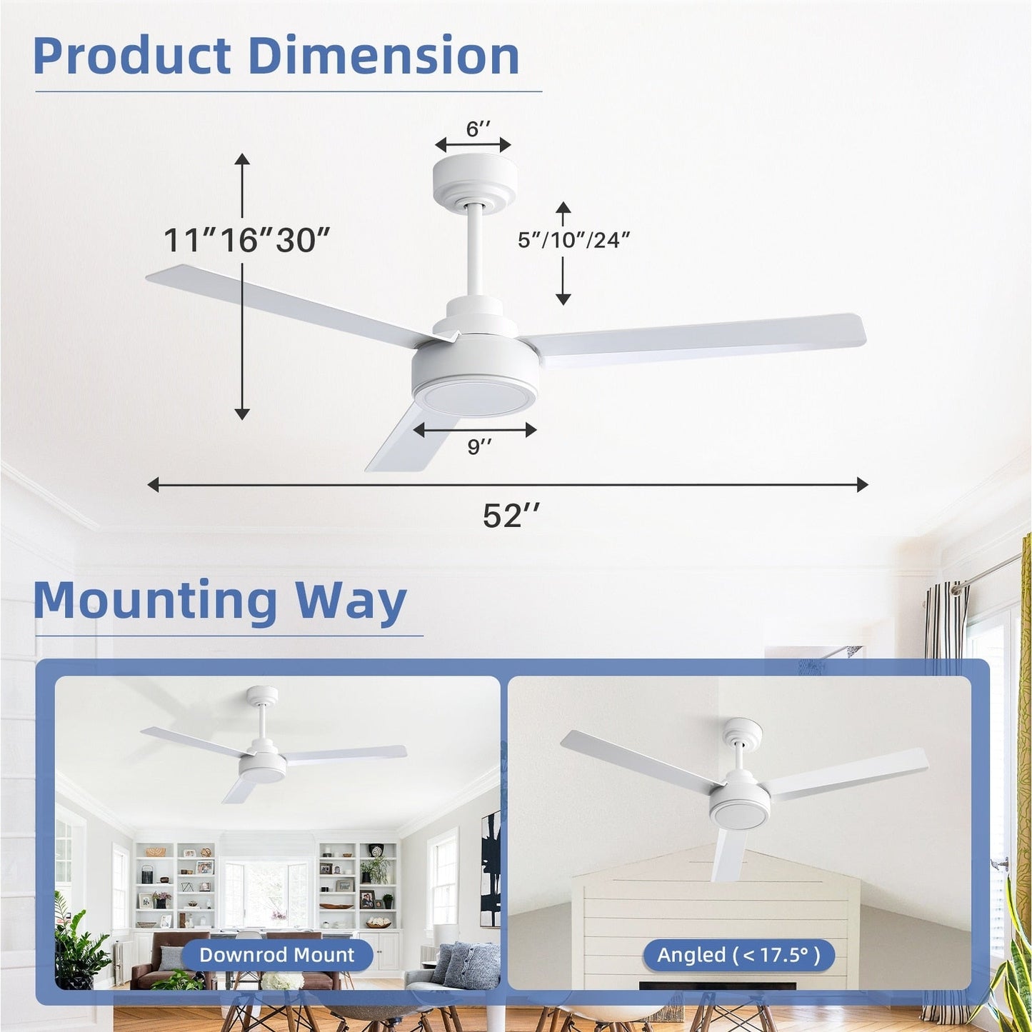 Ventilateur de plafond moderne de 52 pouces en bois massif/ABS avec télécommande (sans éclairage), 6 vitesses de ventilation, flux d'air réversible.