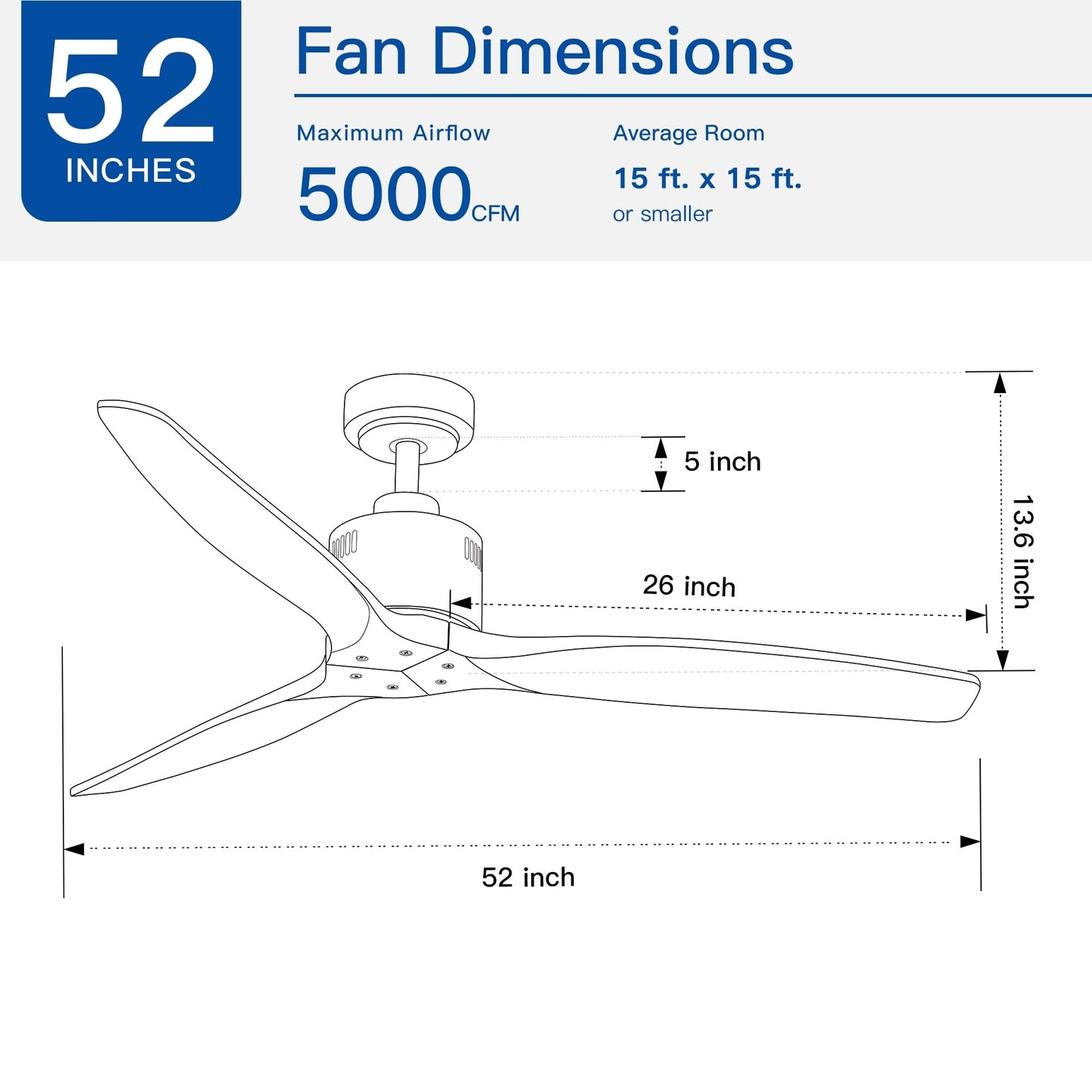 Ventilateur de plafond moderne de 52 pouces en bois massif/ABS avec télécommande (sans éclairage), 6 vitesses de ventilation, flux d'air réversible.