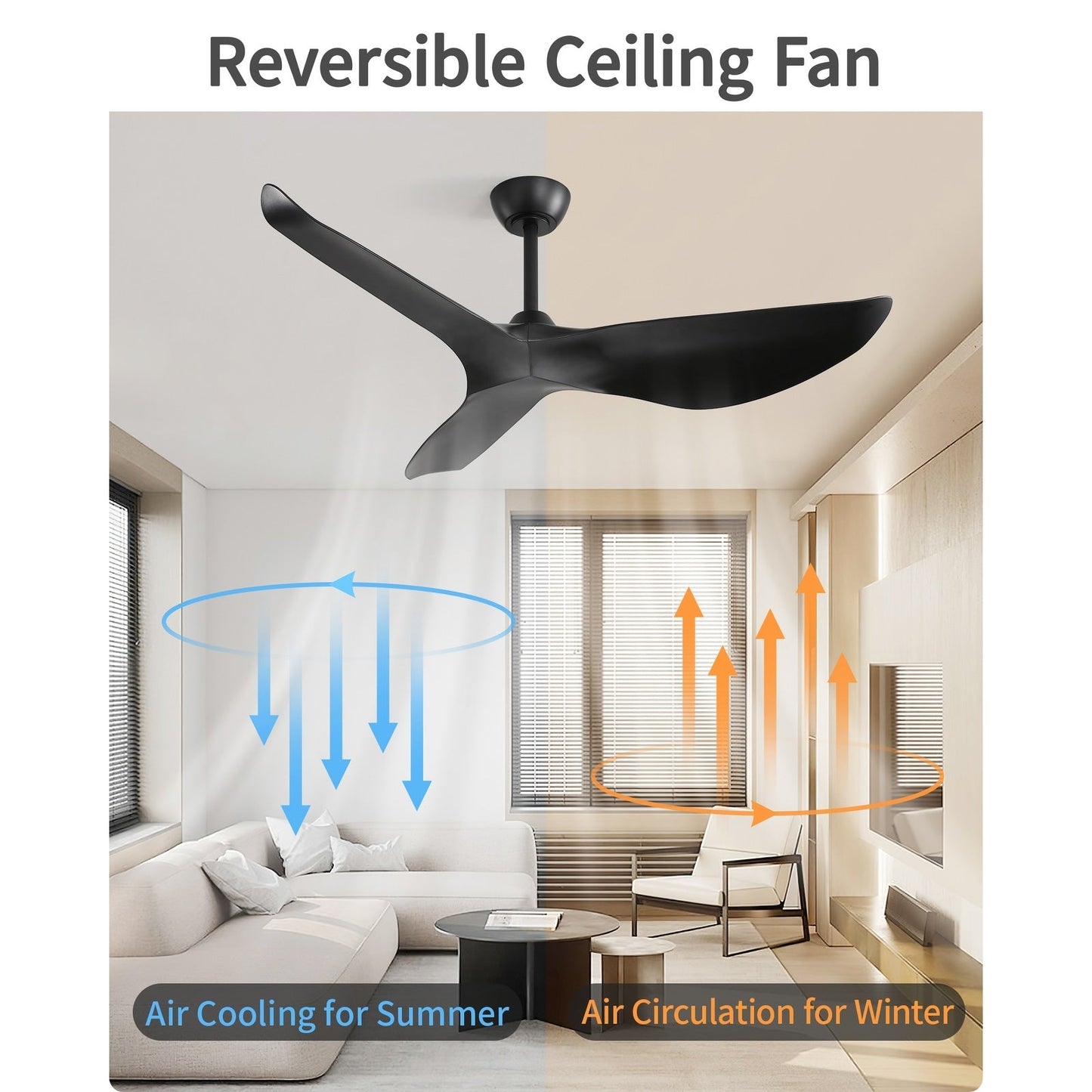 Ventilateur de plafond moderne de 52 pouces en bois massif/ABS avec télécommande (sans éclairage), 6 vitesses de ventilation, flux d'air réversible.