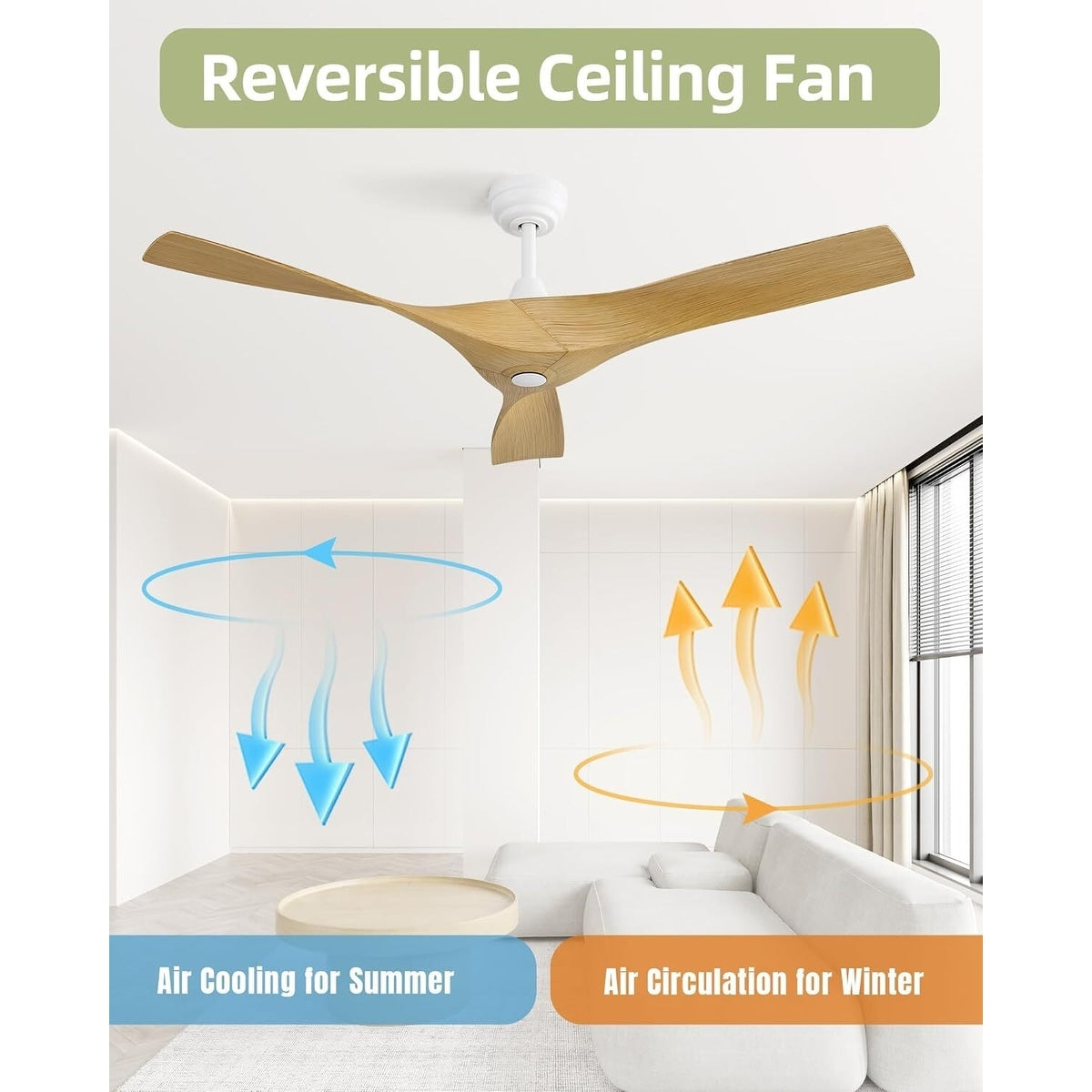 Ventilateur de plafond moderne de 52 pouces en bois massif/ABS avec télécommande (sans éclairage), 6 vitesses de ventilation, flux d'air réversible.