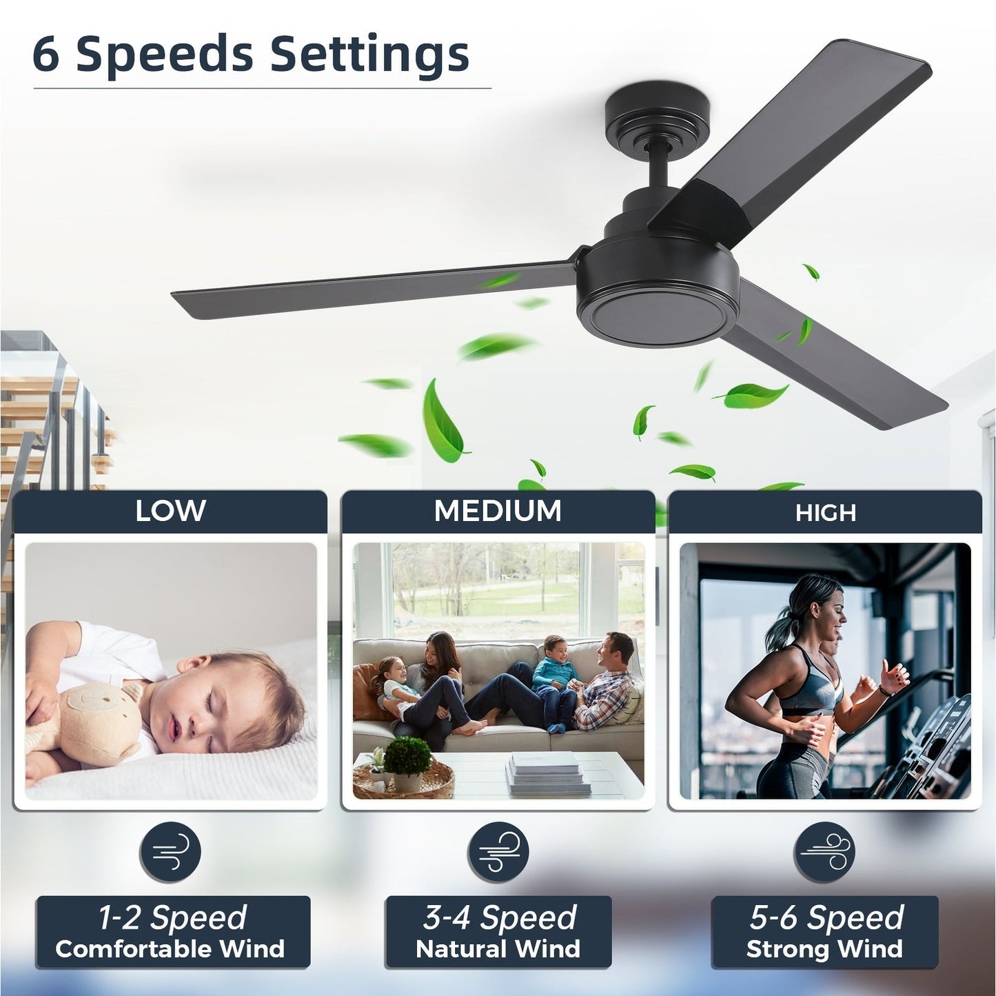 Ventilateur de plafond moderne de 52 pouces en bois massif/ABS avec télécommande (sans éclairage), 6 vitesses de ventilation, flux d'air réversible.