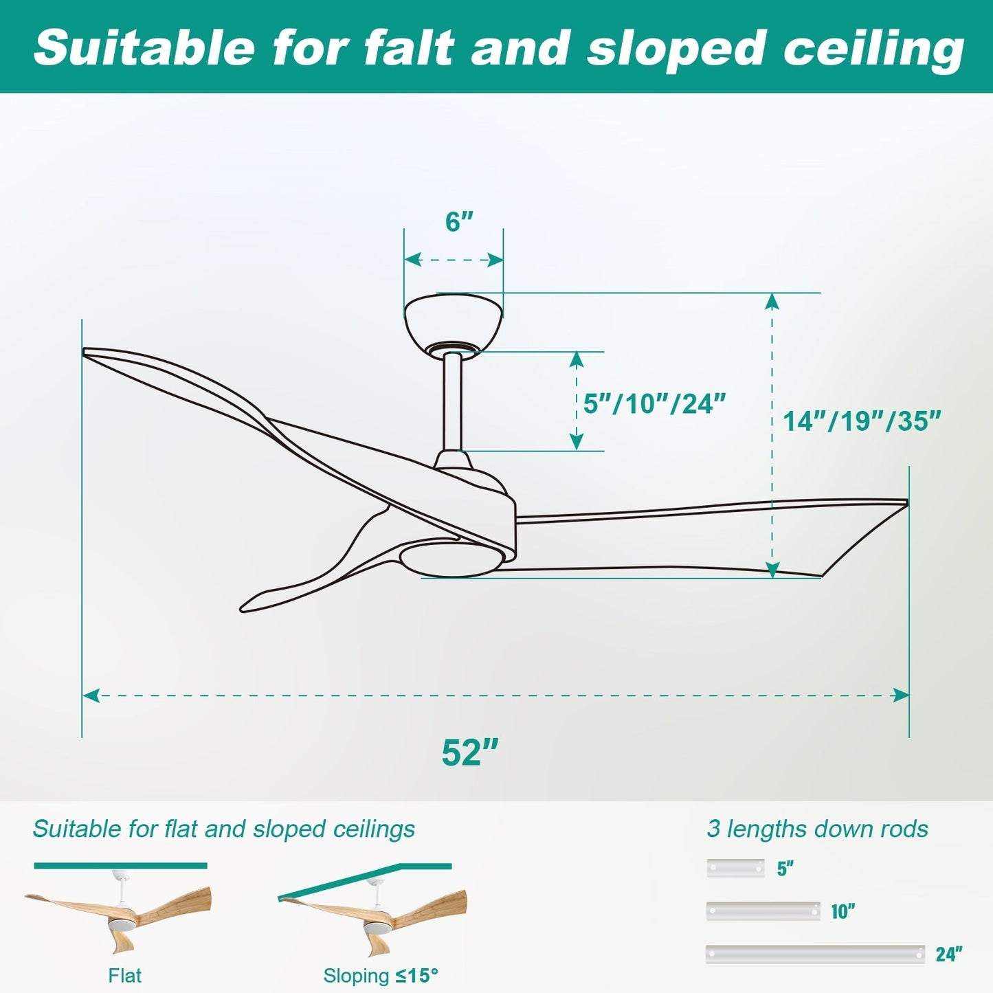 Ventilateur de plafond moderne de 52 pouces en bois massif/ABS avec télécommande (sans éclairage), 6 vitesses de ventilation, flux d'air réversible.