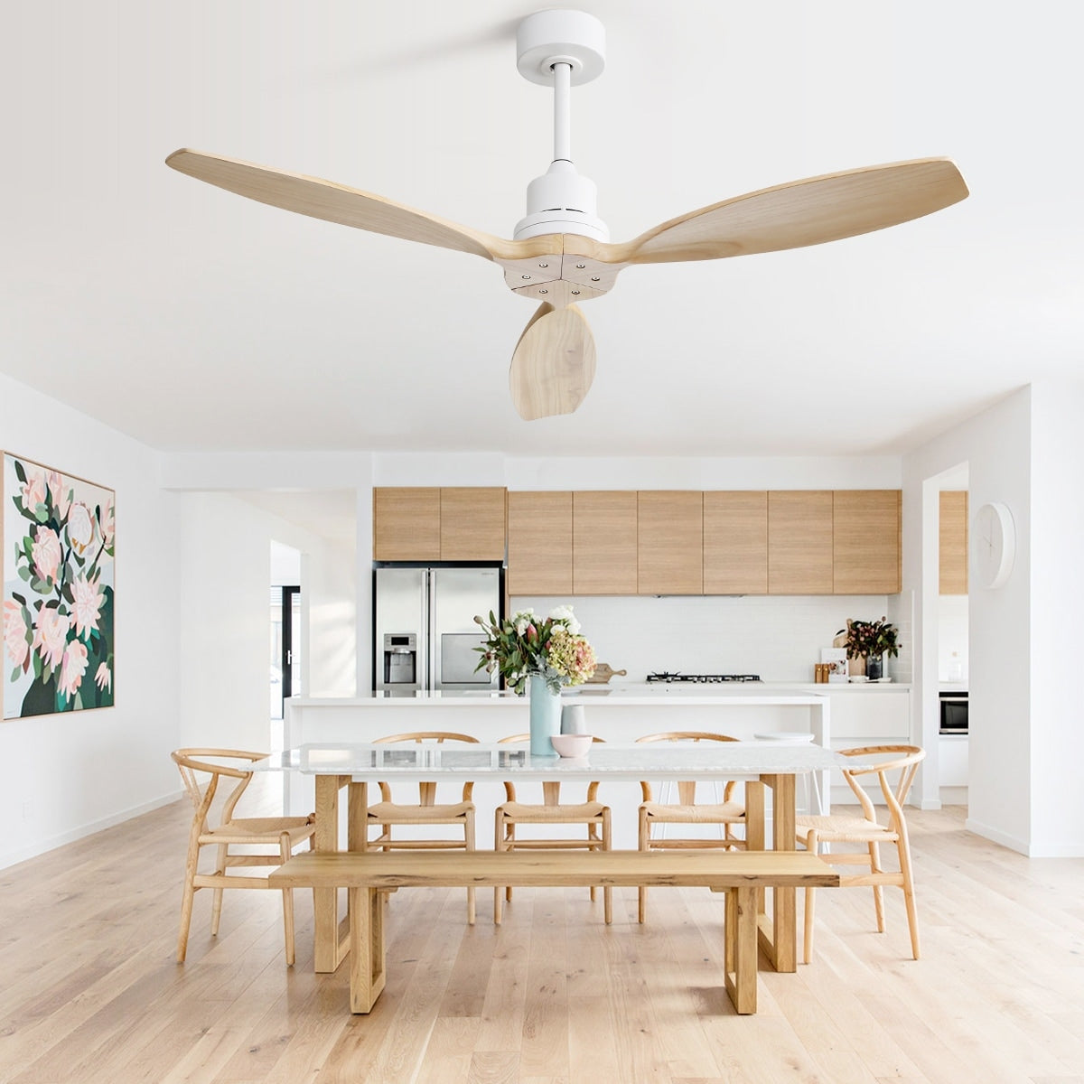 Ventilateur de plafond moderne de 52 pouces en bois massif/ABS avec télécommande (sans éclairage), 6 vitesses de ventilation, flux d'air réversible.