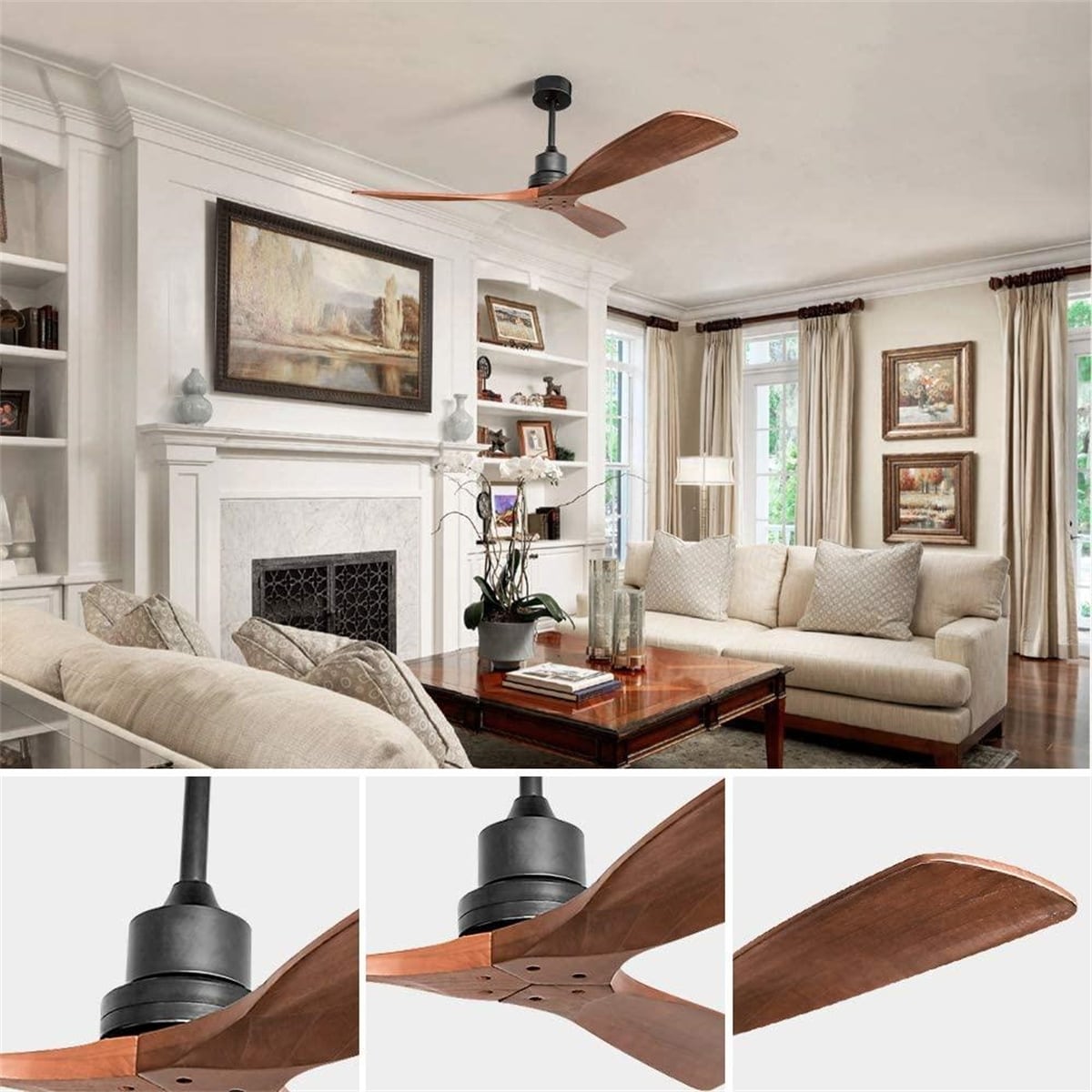 Ventilateur de plafond moderne de 52 pouces en bois massif/ABS avec télécommande (sans éclairage), 6 vitesses de ventilation, flux d'air réversible.