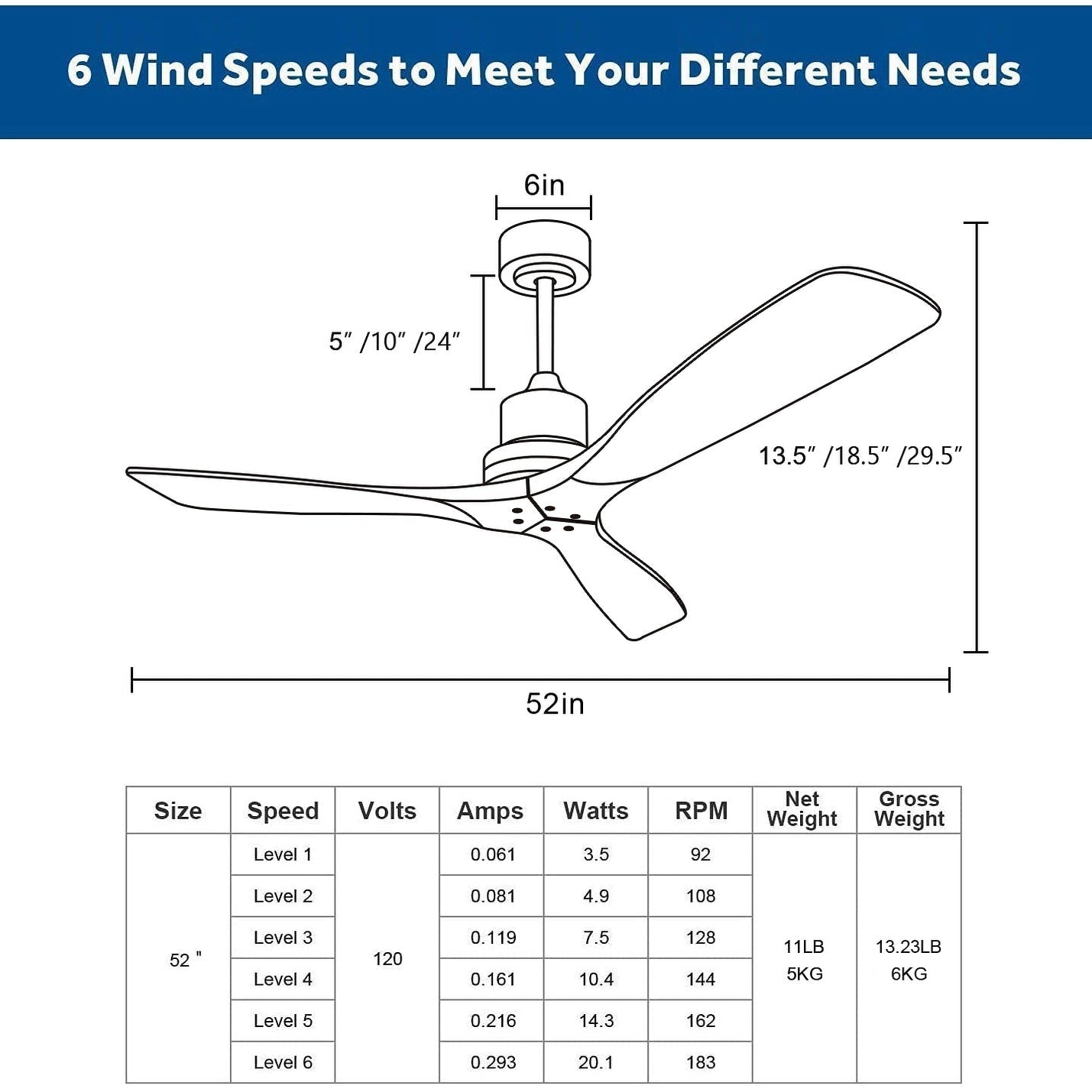 Ventilateur de plafond moderne de 52 pouces en bois massif/ABS avec télécommande (sans éclairage), 6 vitesses de ventilation, flux d'air réversible.