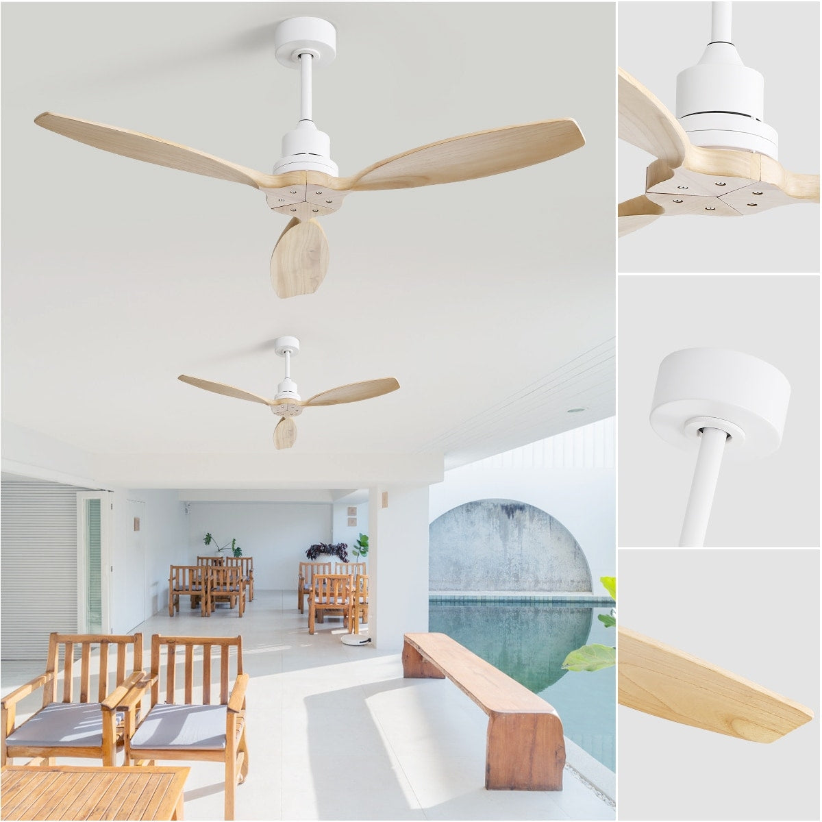 Ventilateur de plafond moderne de 52 pouces en bois massif/ABS avec télécommande (sans éclairage), 6 vitesses de ventilation, flux d'air réversible.