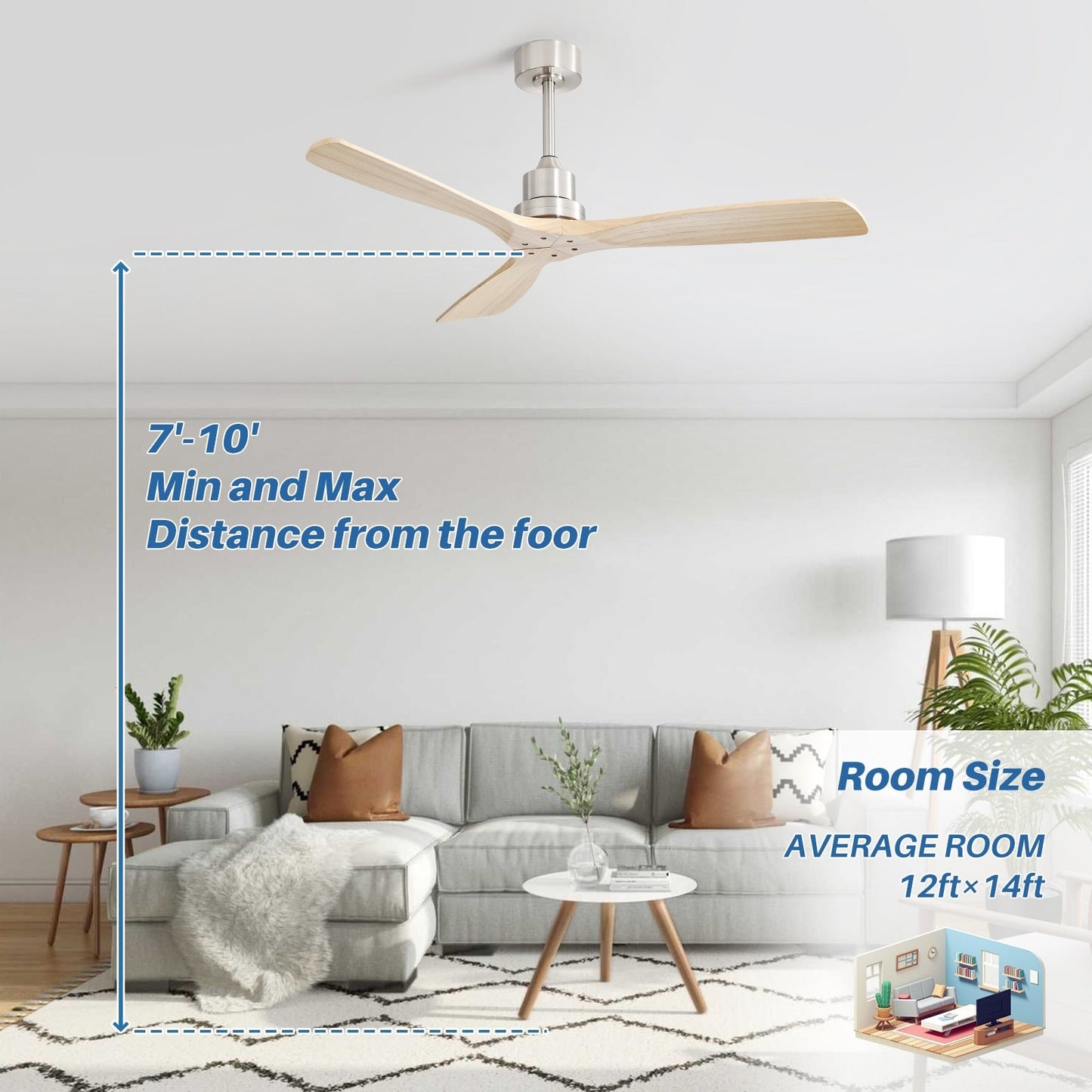 Ventilateur de plafond moderne de 52 pouces en bois massif/ABS avec télécommande (sans éclairage), 6 vitesses de ventilation, flux d'air réversible.