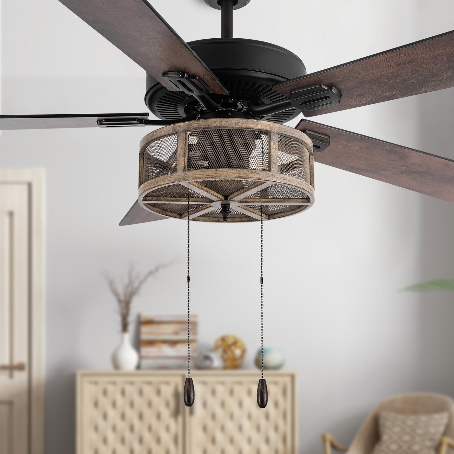 Ventilateur de plafond LED 52 pouces Carbon Loft en métal brossé, style farmhouse