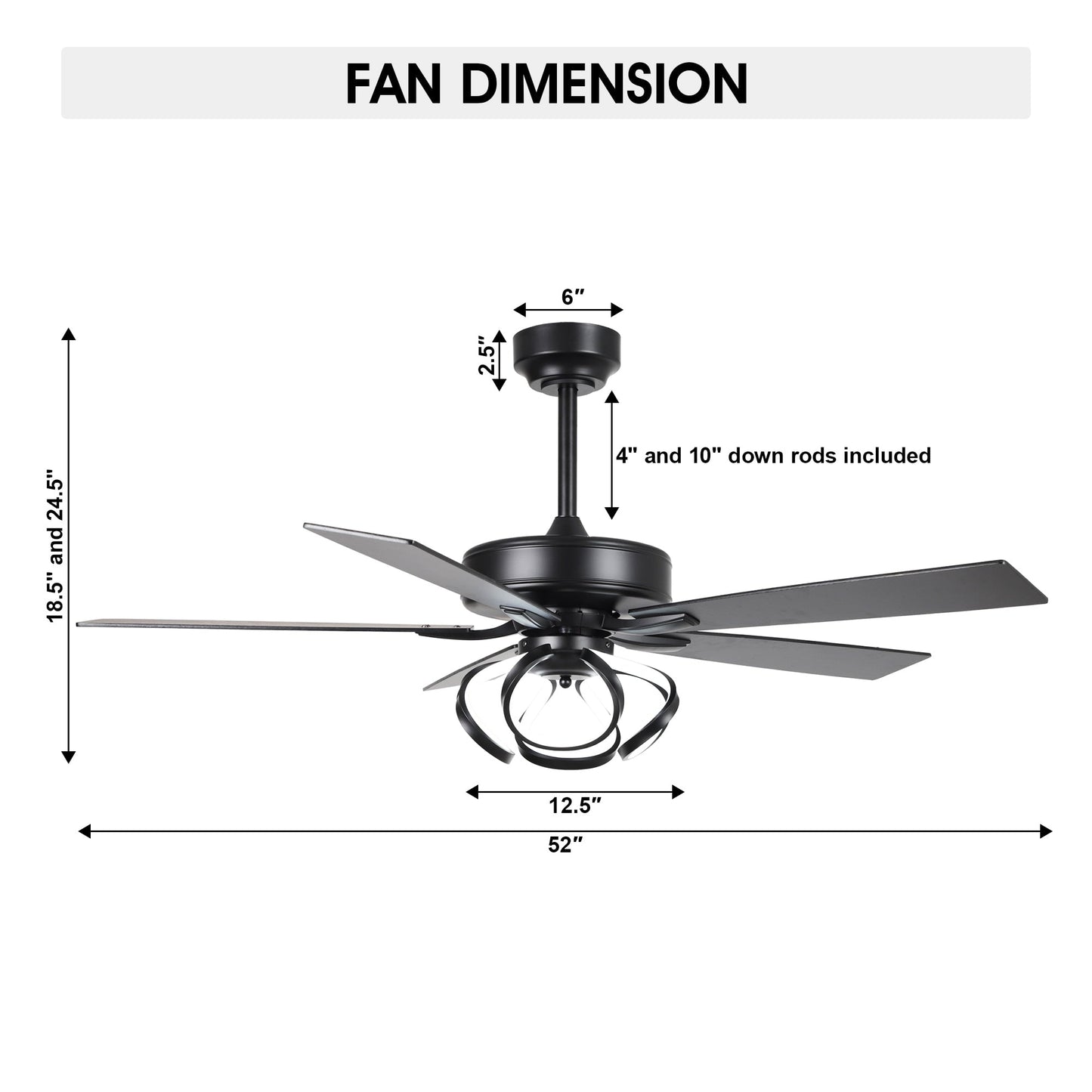 Ventilateur de plafond LED intérieur moderne de 52 pouces à 52 cm, chromé/noir, avec éclairage et télécommande, intensité variable.