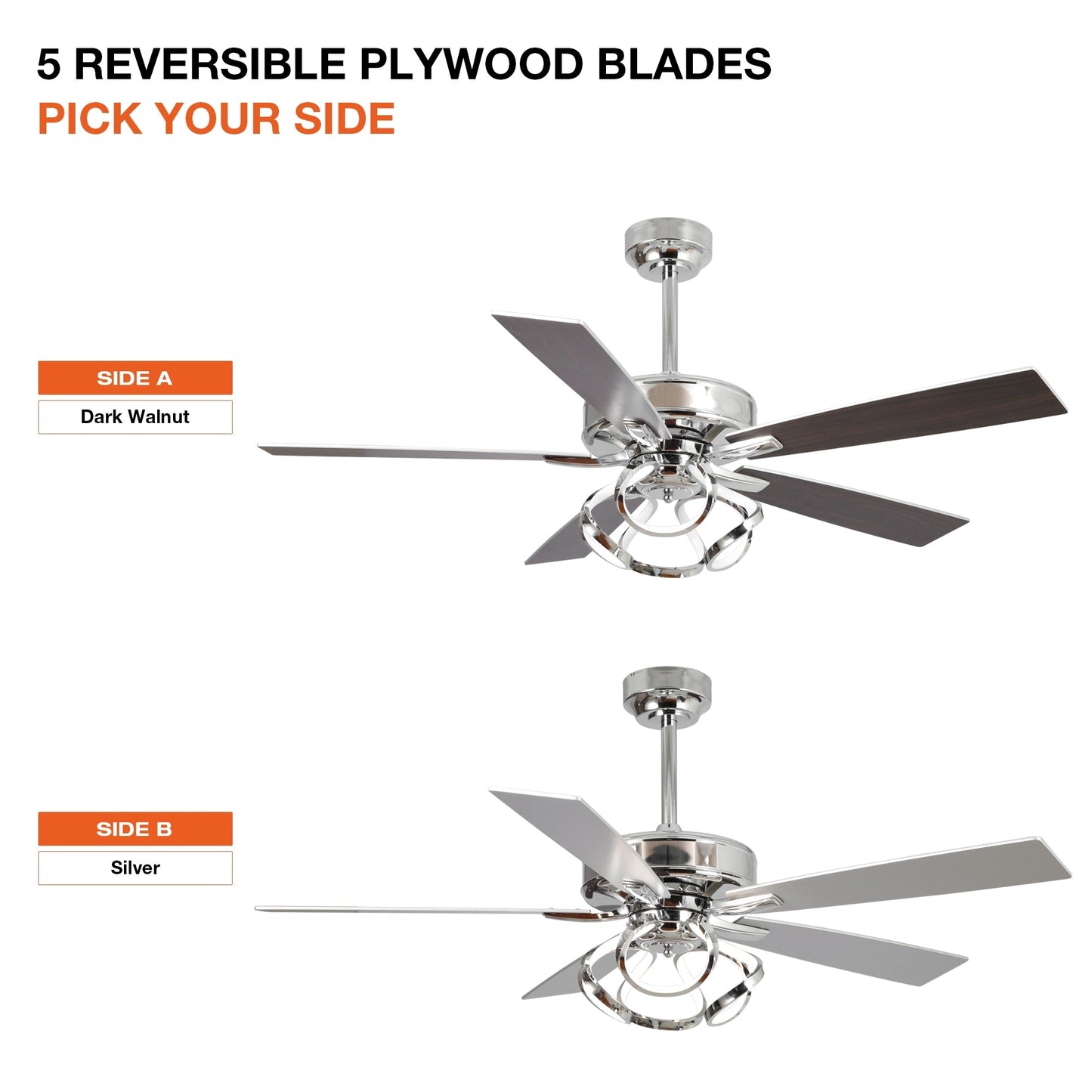 Ventilateur de plafond LED intérieur moderne de 52 pouces à 52 cm, chromé/noir, avec éclairage et télécommande, intensité variable.