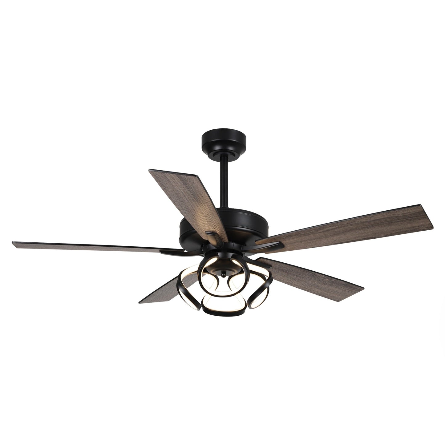Ventilateur de plafond LED intérieur moderne de 52 pouces à 52 cm, chromé/noir, avec éclairage et télécommande, intensité variable.