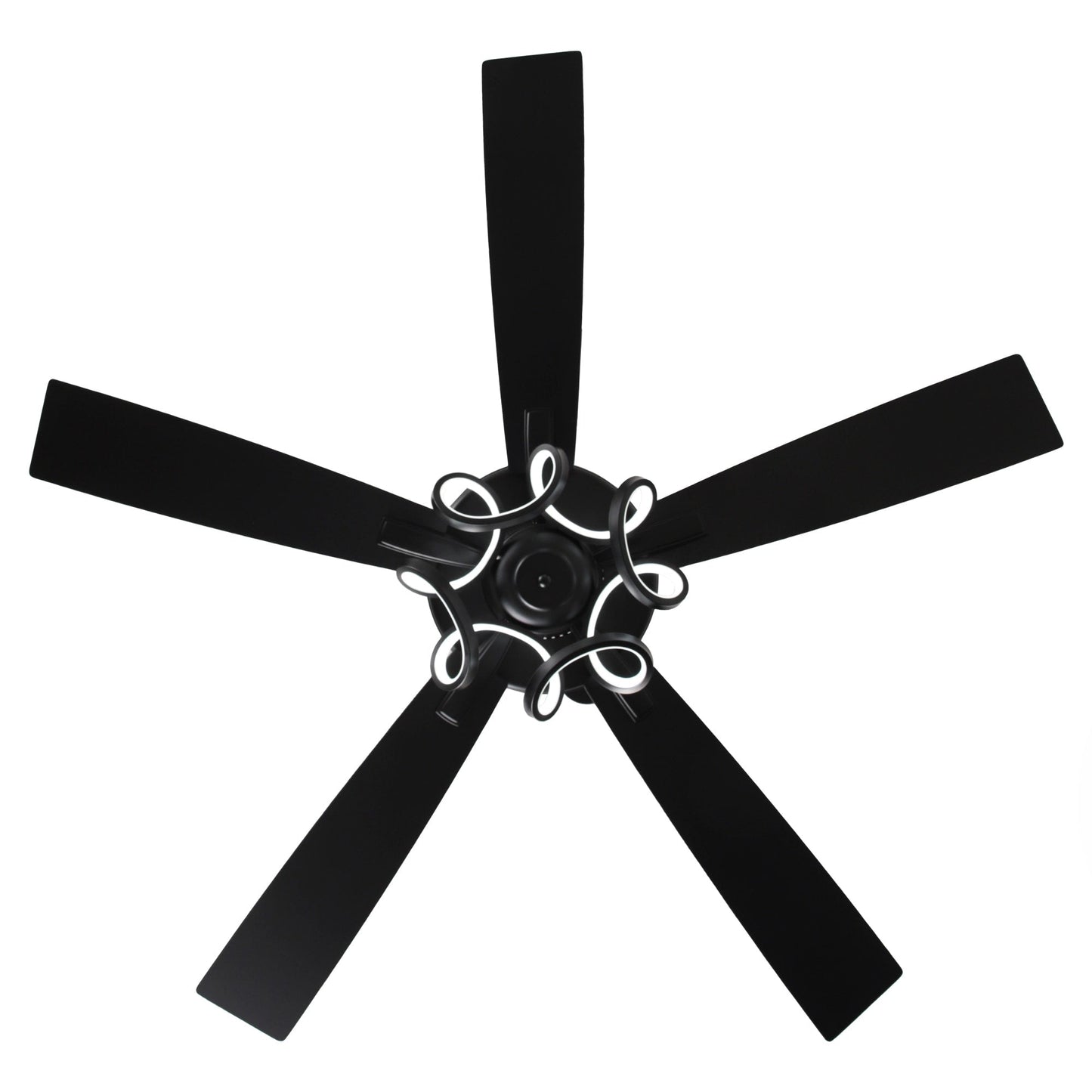 Ventilateur de plafond LED intérieur moderne de 52 pouces à 52 cm, chromé/noir, avec éclairage et télécommande, intensité variable.
