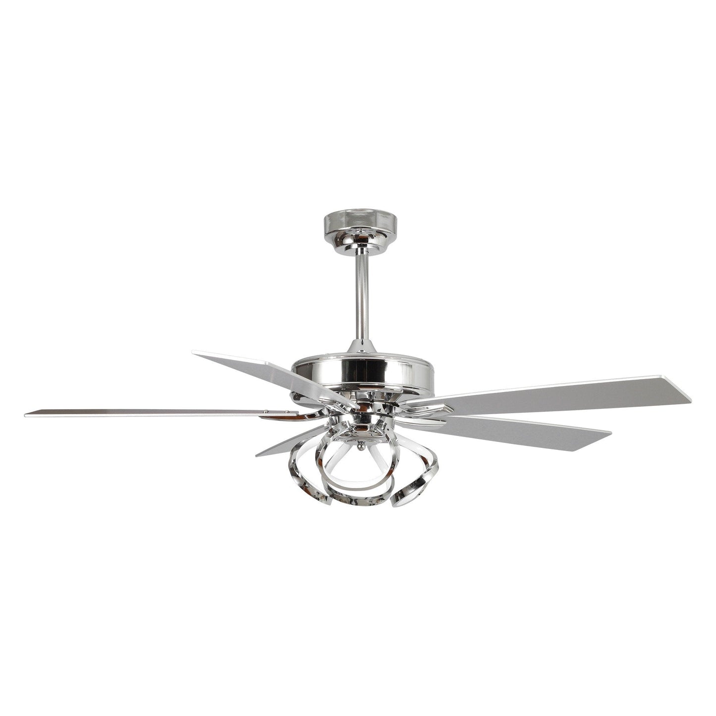 Ventilateur de plafond LED intérieur moderne de 52 pouces à 52 cm, chromé/noir, avec éclairage et télécommande, intensité variable.